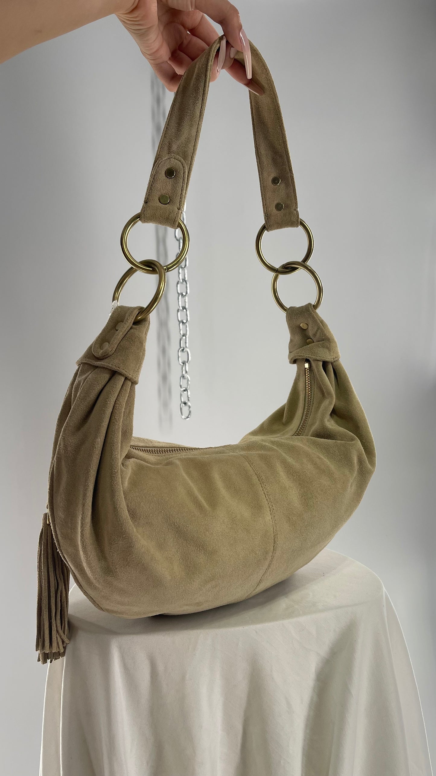 Vintage Banana Republic Genuine Suede Saddle Bag with Tassel Zipper Pull and Tags Attached