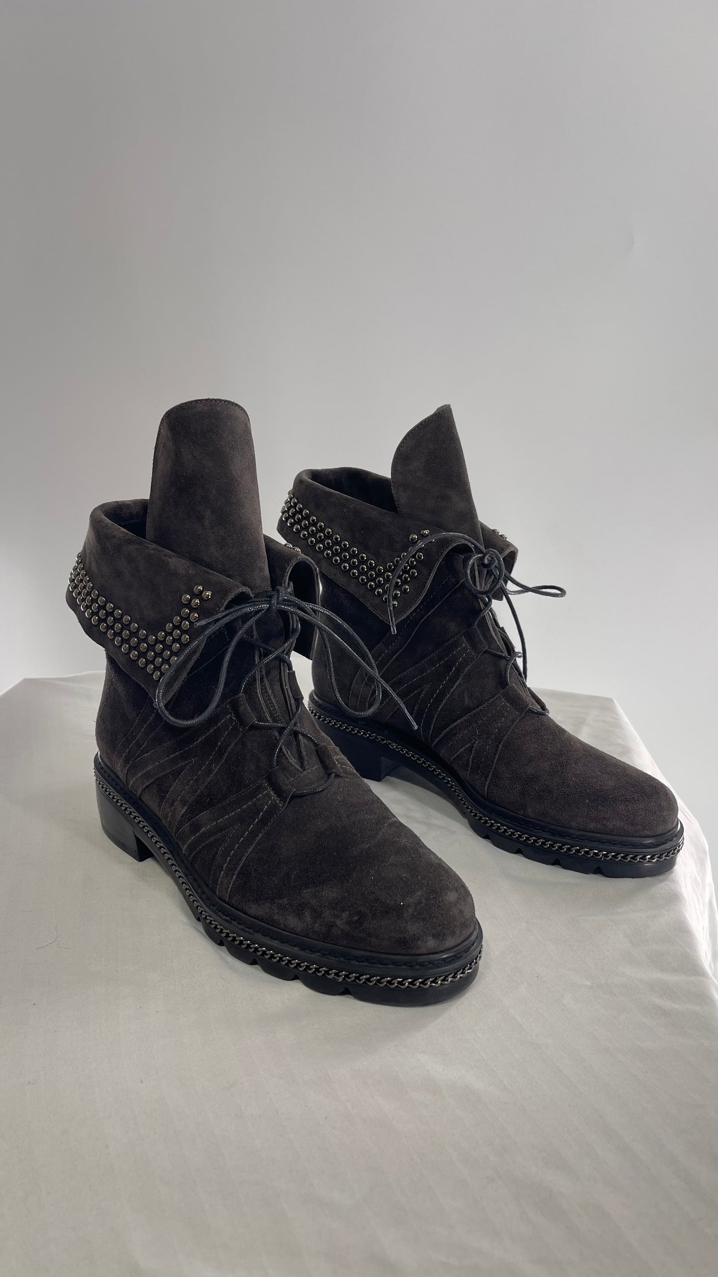 Stuart Weitzman Yadastud Grey Suede Leather Studded, Chainlink Boots (8)