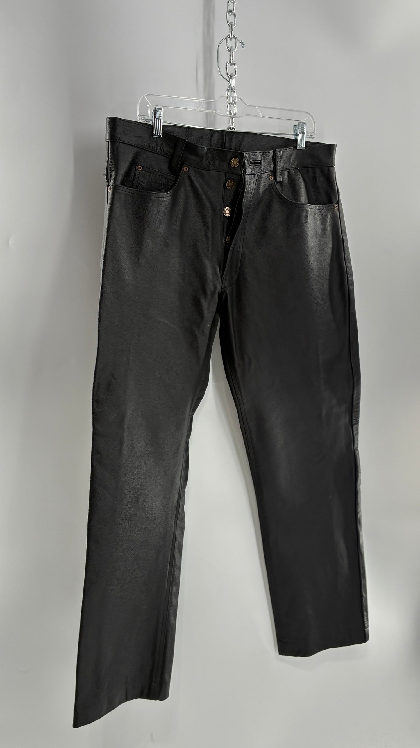 Vintage Button Front, French, Black, Thick Genuine Leather Pants (36)