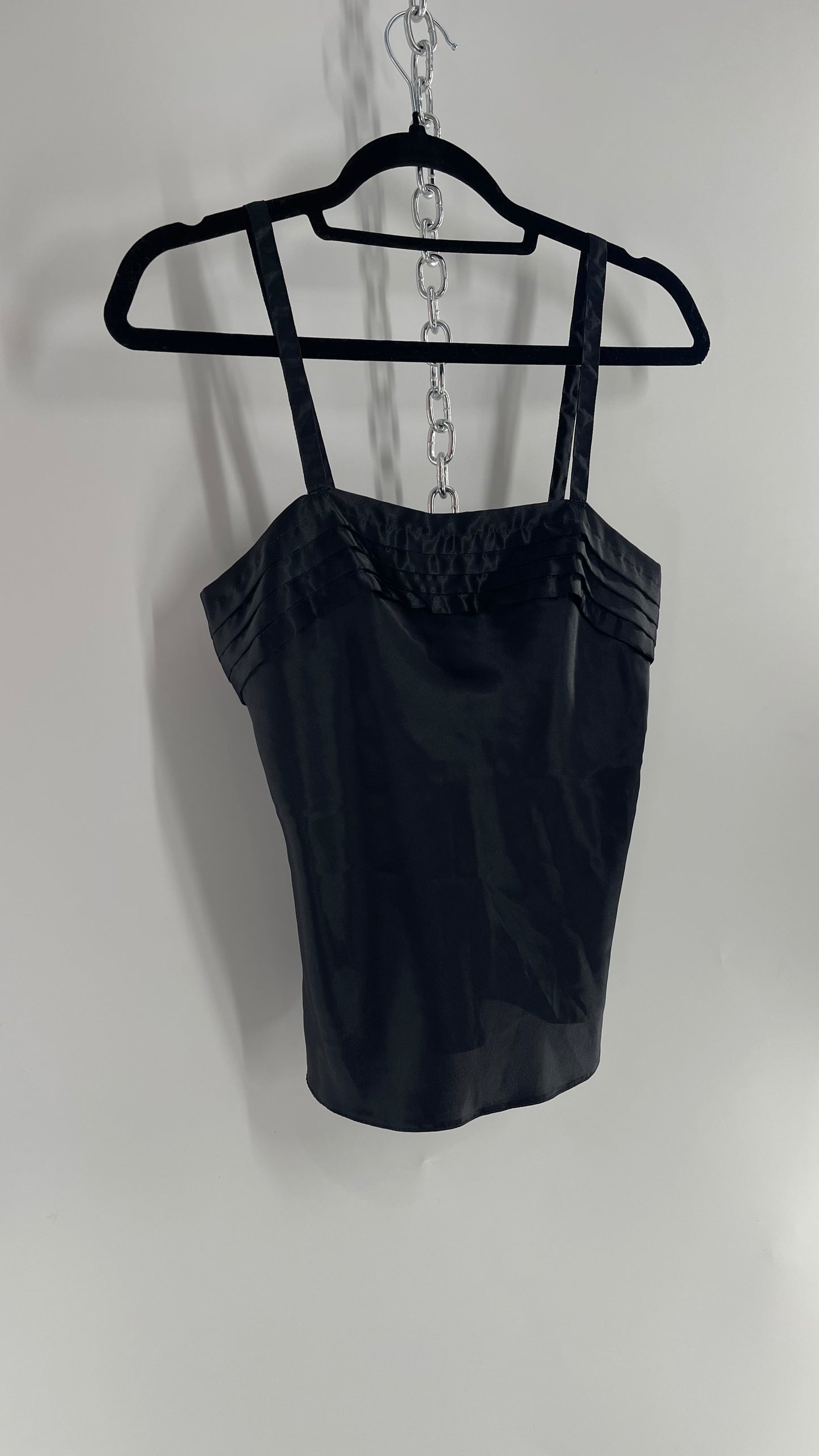 Vintage Silky Black Camisole with Pleated Neckline (Small)