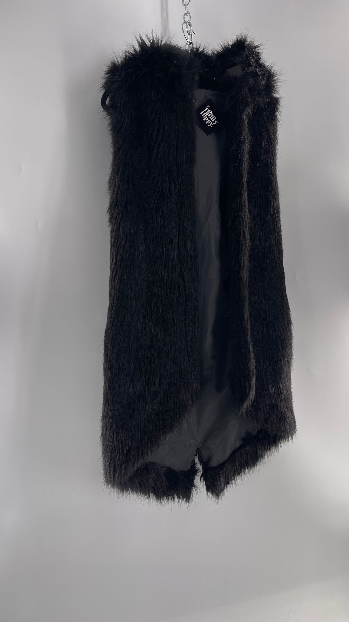 Full Length Black Fuzzy Sleeveless Vest with Oversized Hood (Medium)