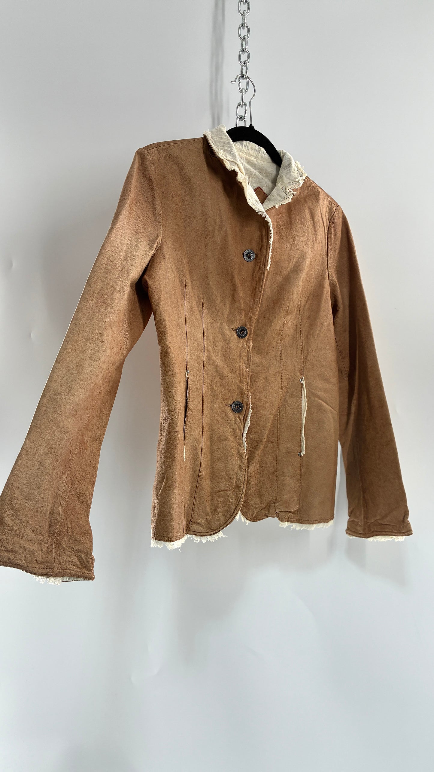 Vintage JAKETT Tan Leather Jacker with Cotton Raw Edge Trim+ Lining and buttoned Cuffs (Medium)