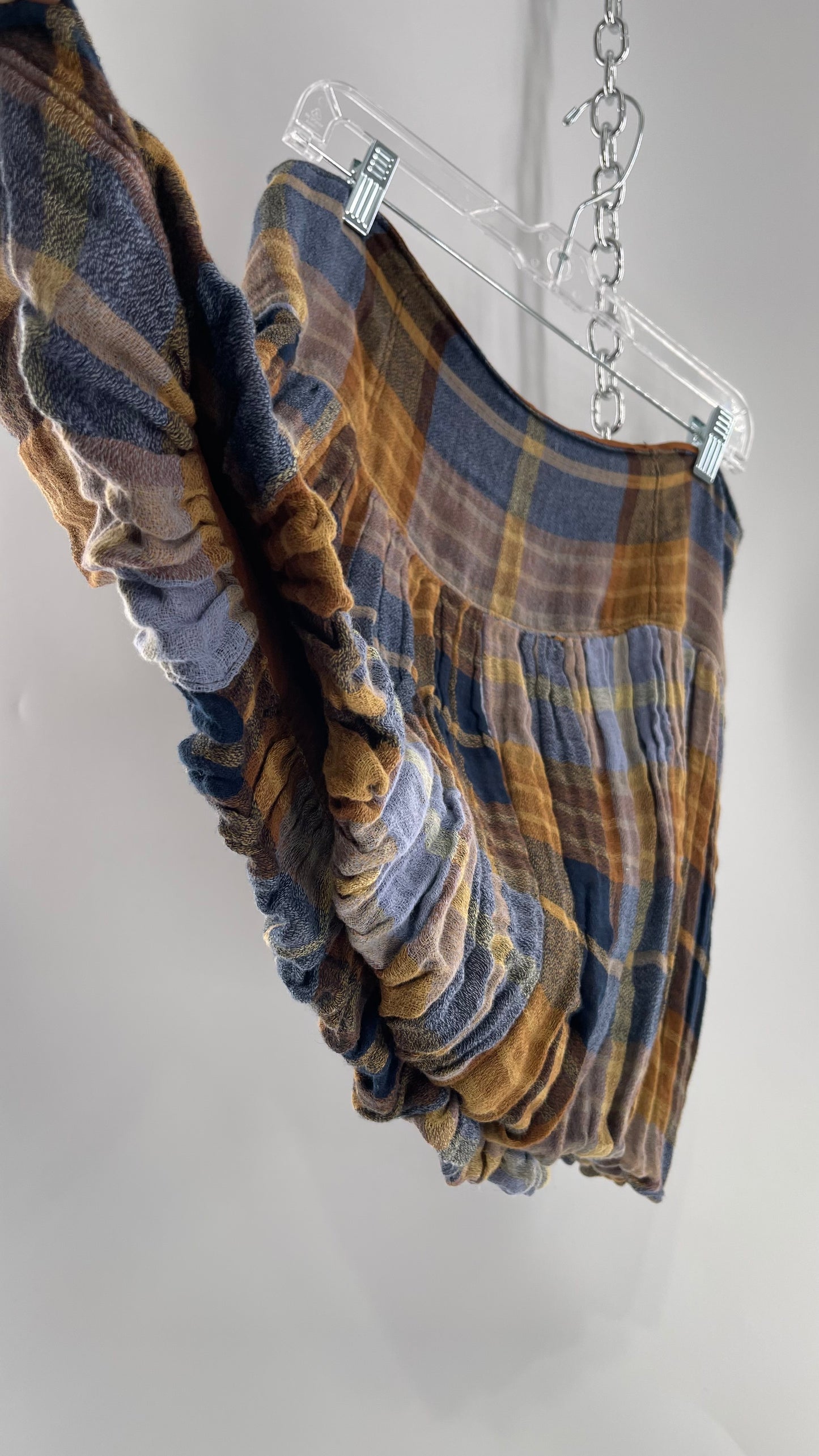 Free People Plaid Blue Brown Mini Skirt with Balloon Hem with Tags Attached (12)