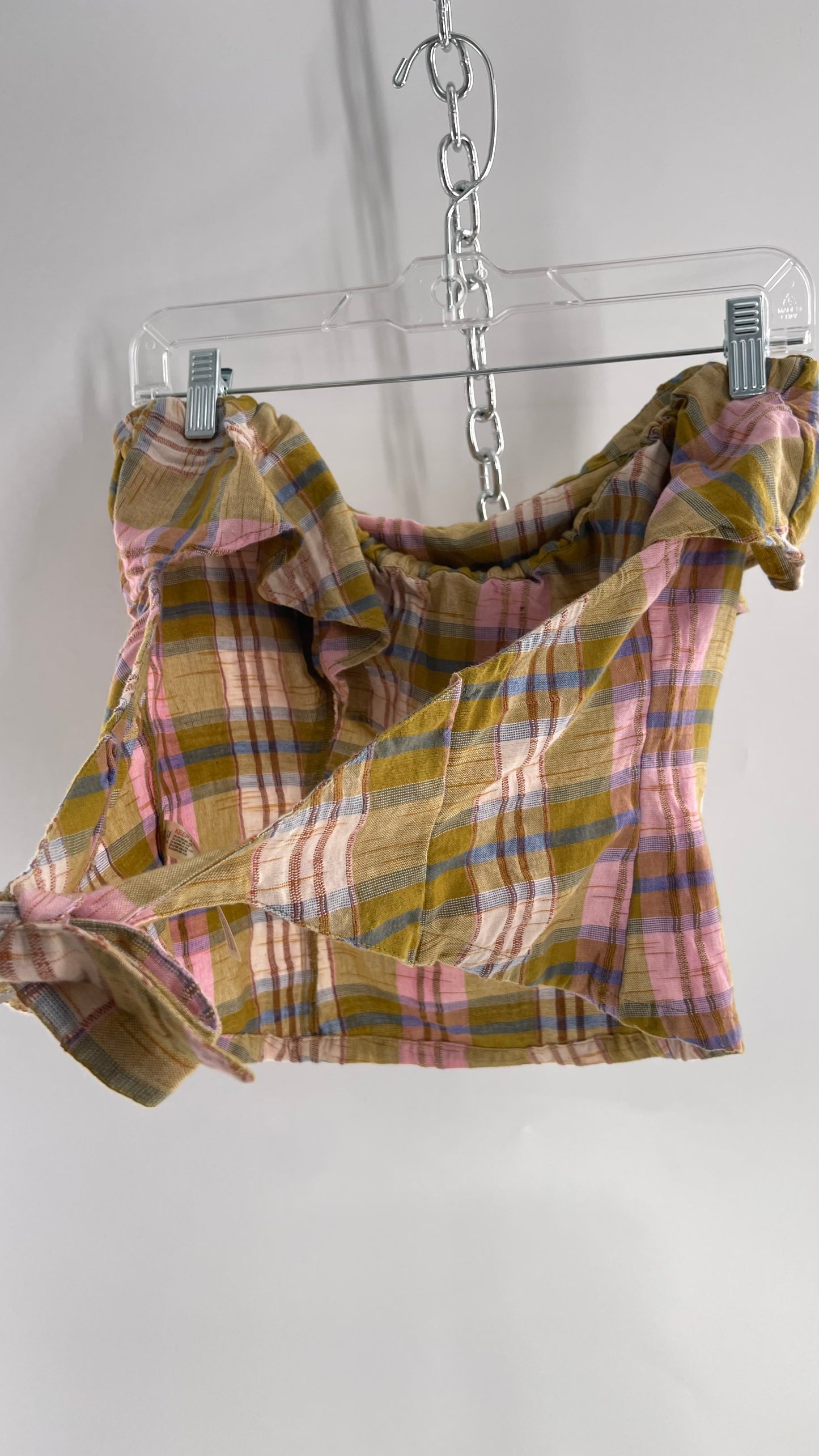 Free People Plaid Ruffle Neckline Open Back Tube Top 72% Cotton 28% Jute (Medium)