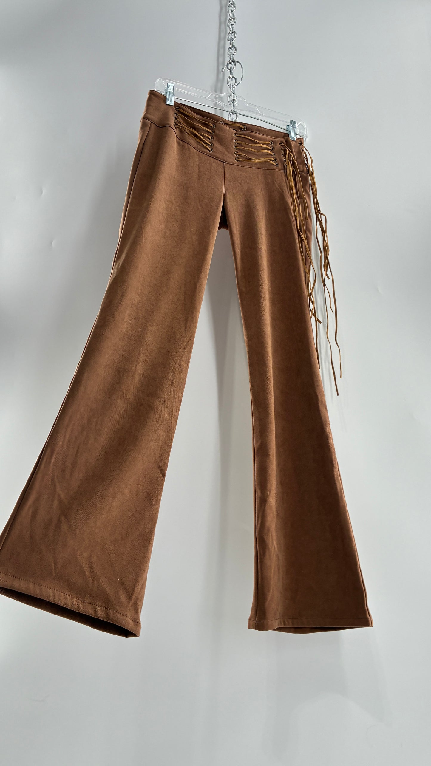 Vintage Rare L.E.I Low Rise Faux Suede Kick Flares with Wide, Thread Through Tassels Hip Band (5)