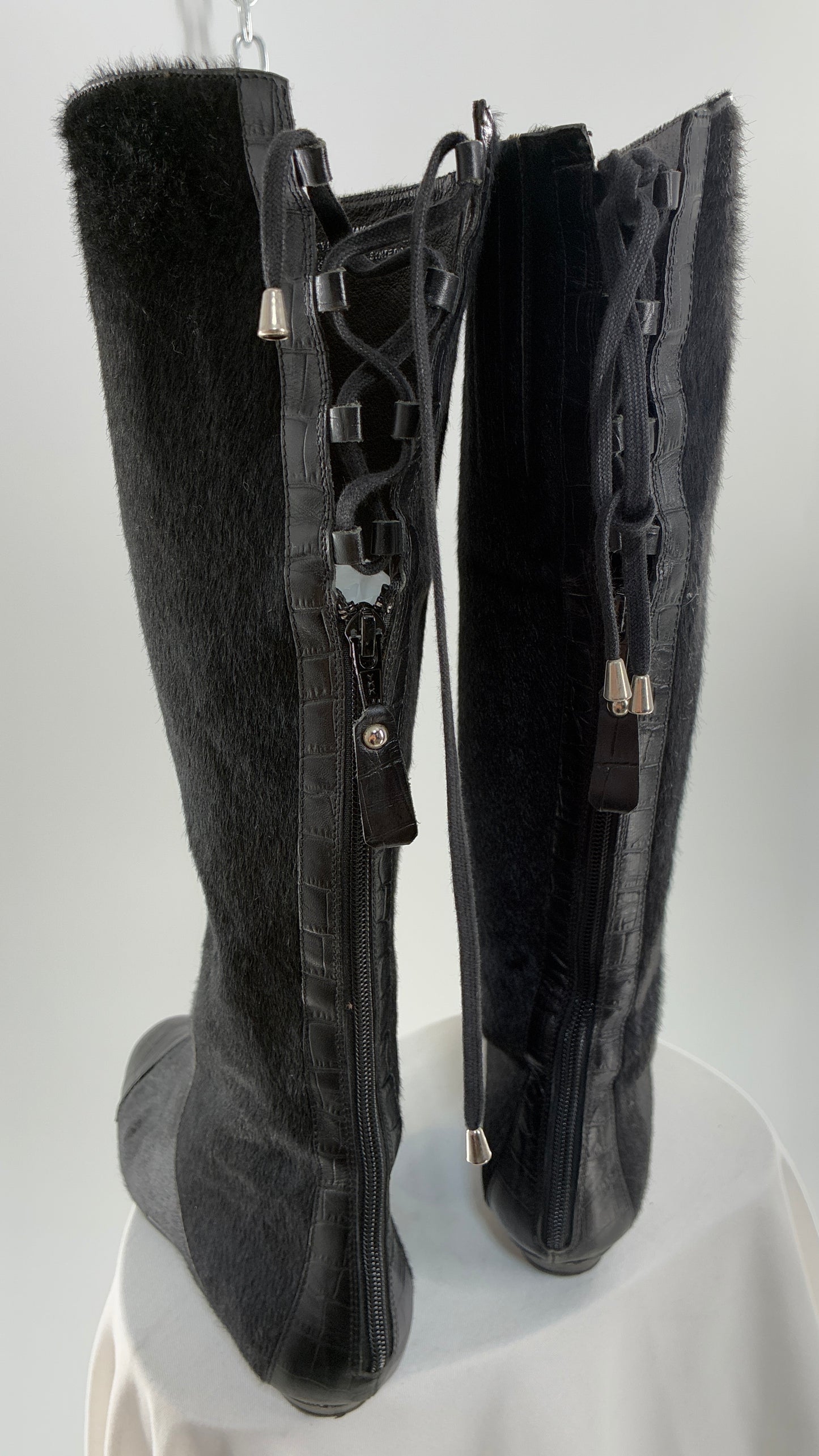 Vintage MIGLIORINI Black Genuine Calf Hair/Fur Boots with Heel, Made in Italy (7.5)