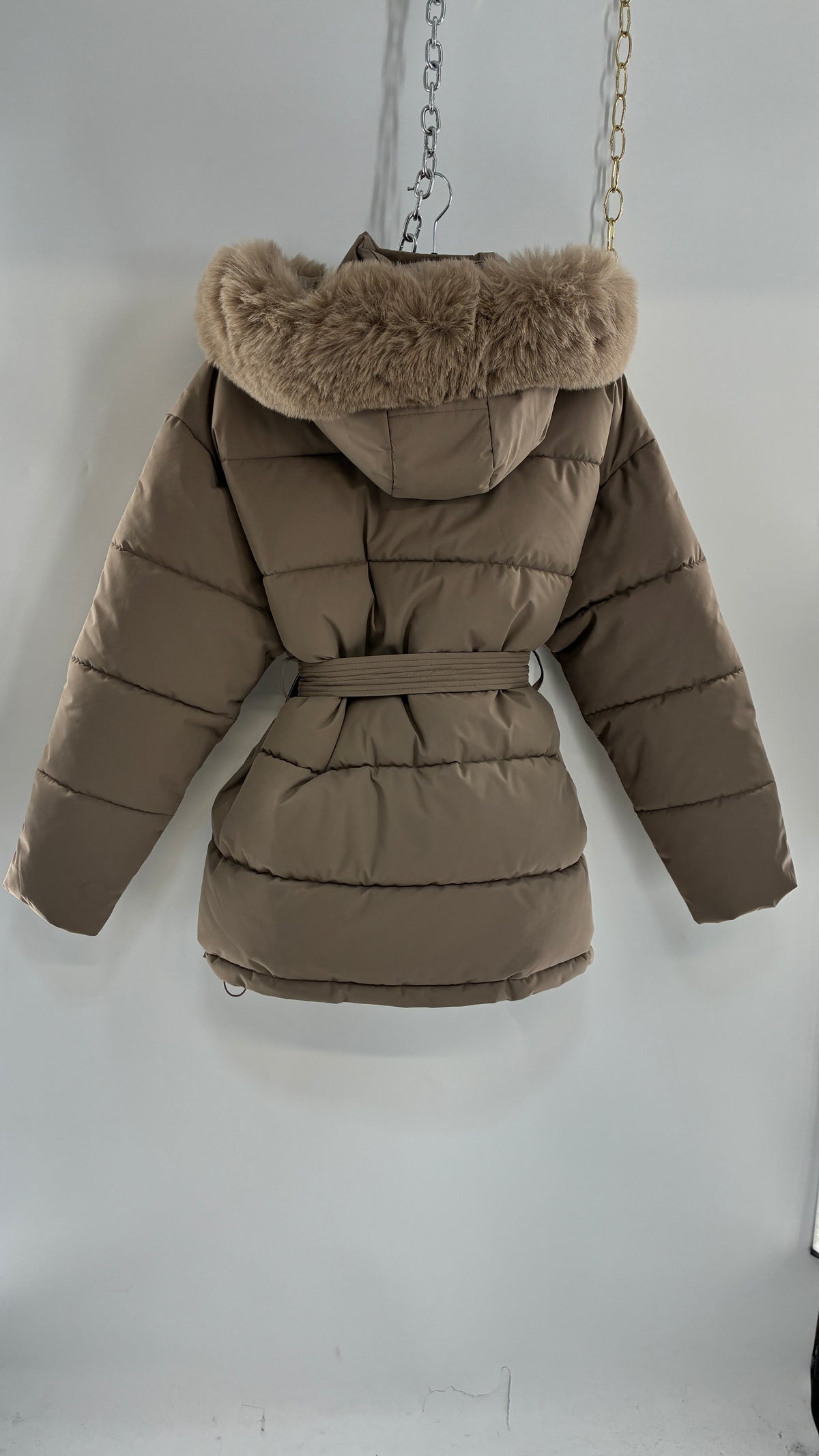 KATCH ME Taupe NWOT Bubble Coat with Exaggerated Vegan Fur Lined Hood NWOT (XL)