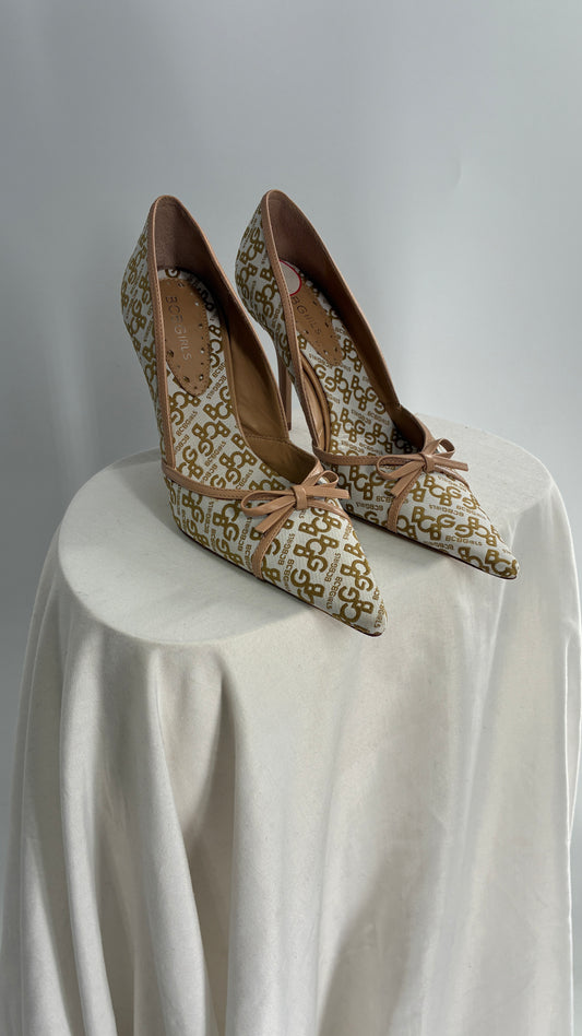 Vintage BCBG All Over Monogram Pointed Toe Heels with Leather Bows and Piping (5.5)