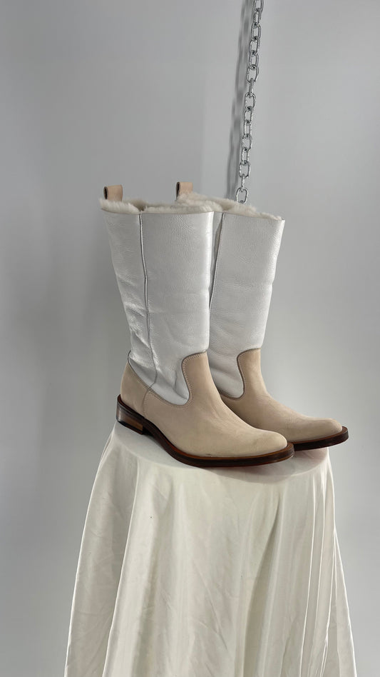 Nicole Farhi White Leather/Suede Boot with Tan Suede Base and Fur Lining (38)