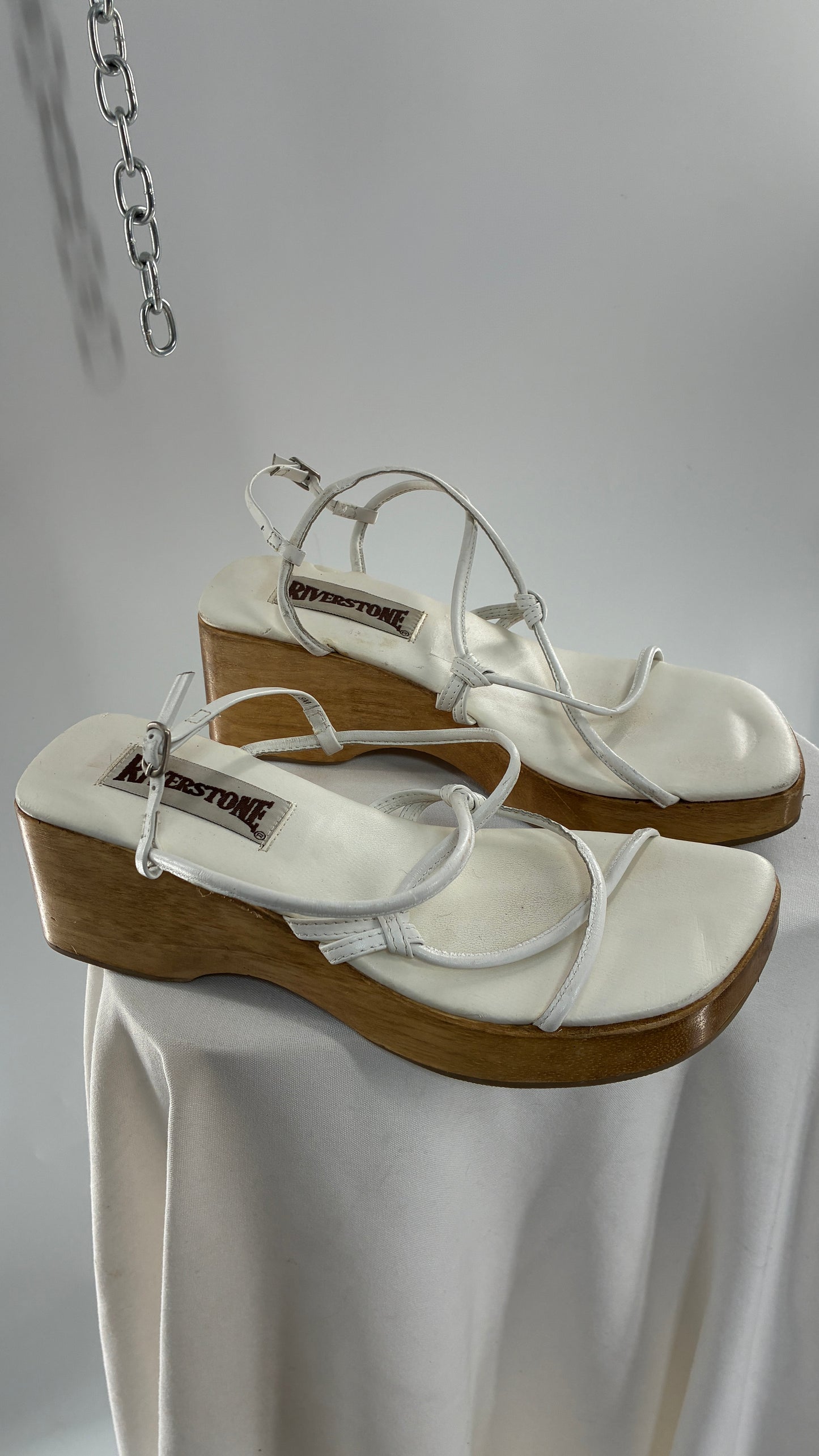 Vintage 1990s RIVERSTONE Wooden Platform Square Toe, Strappy Sandal Made in Brazil (8)