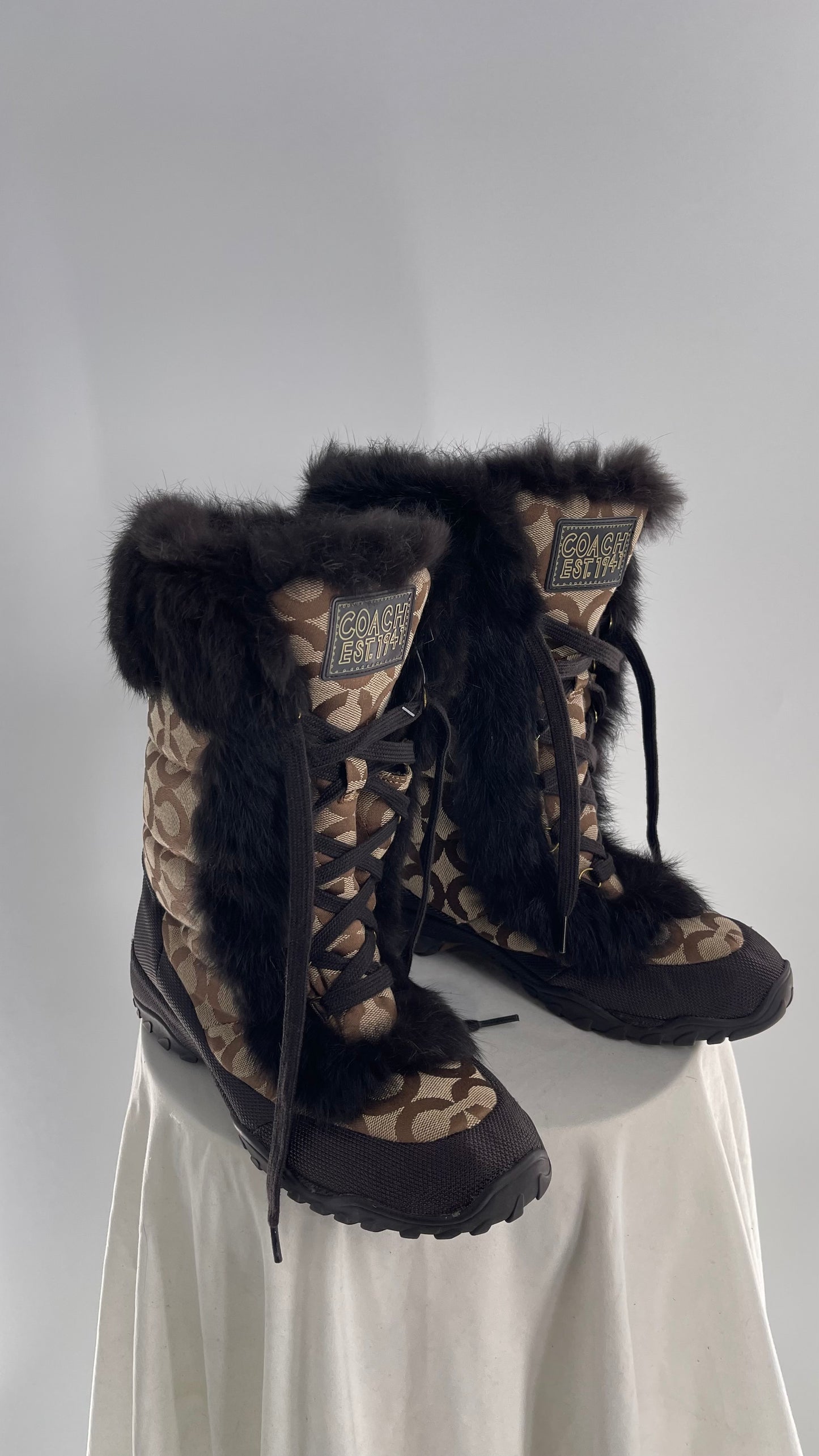 COACH Jennie Signature Quilted All Over Monogram Print Winter Boot with Rabbit Fur Trim (9)