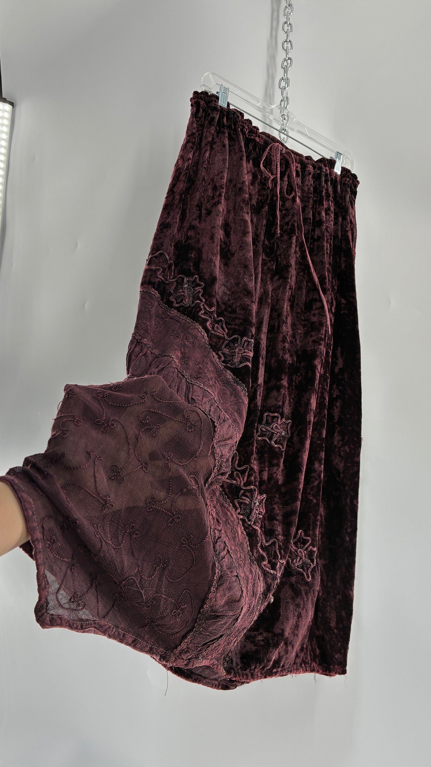 Vintage 1990s Burgundy Velvet Tie Back Blouse and Sheer Paneled Skirt (OS)