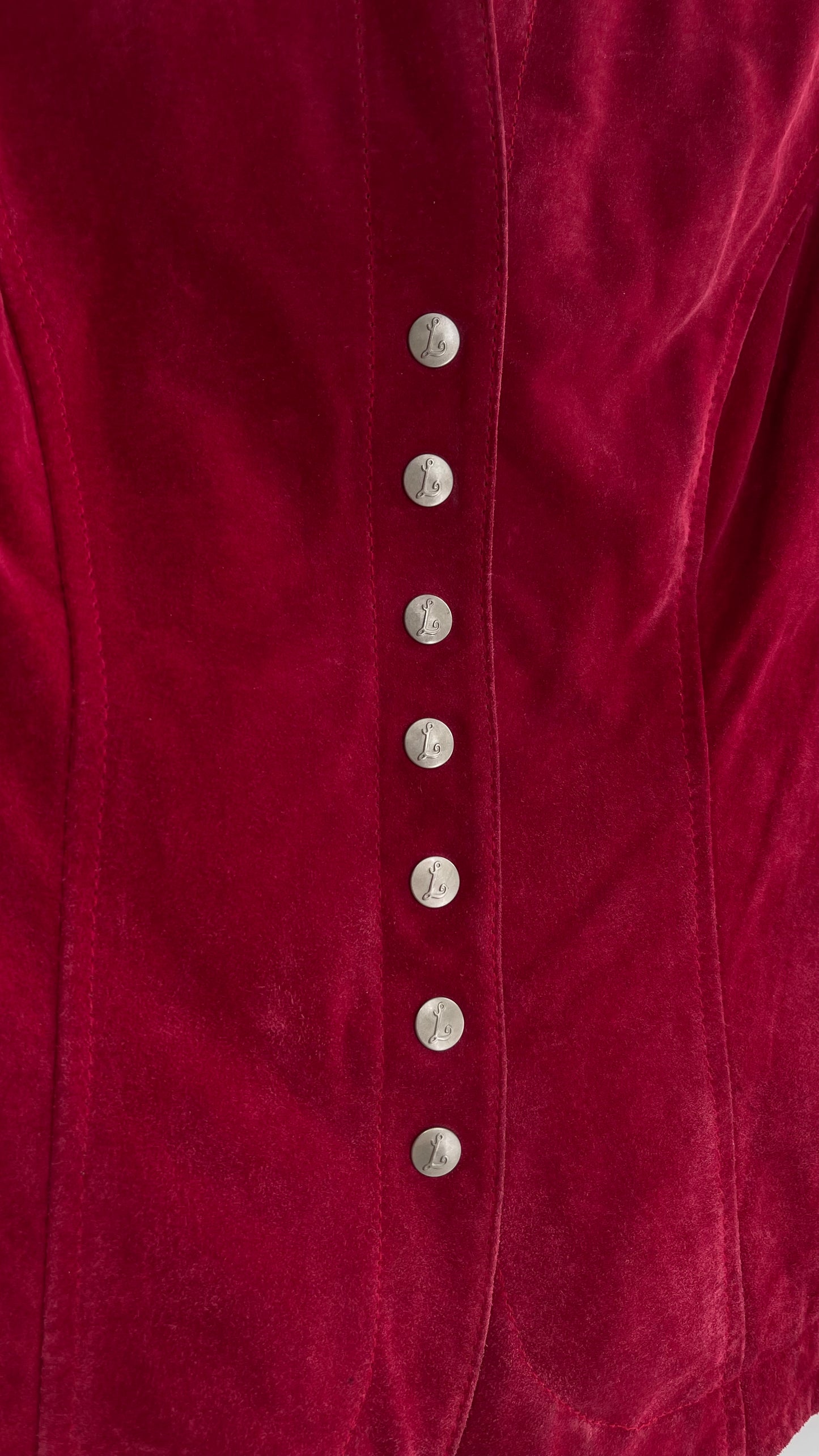 VINTAGE A.M.I Raspberry Red Suede Leather Slim Waist Metal Button Front Jacket (Small)