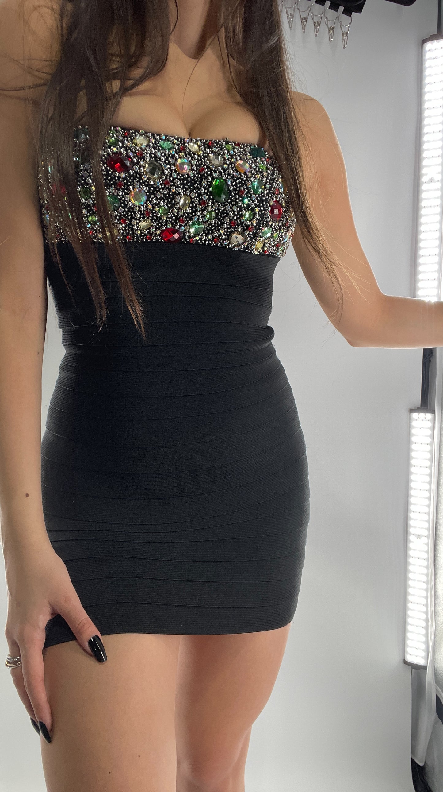 Vintage Sherri Hill Black Elastic Body Con Dress with Beaded, Padded Bust (0)