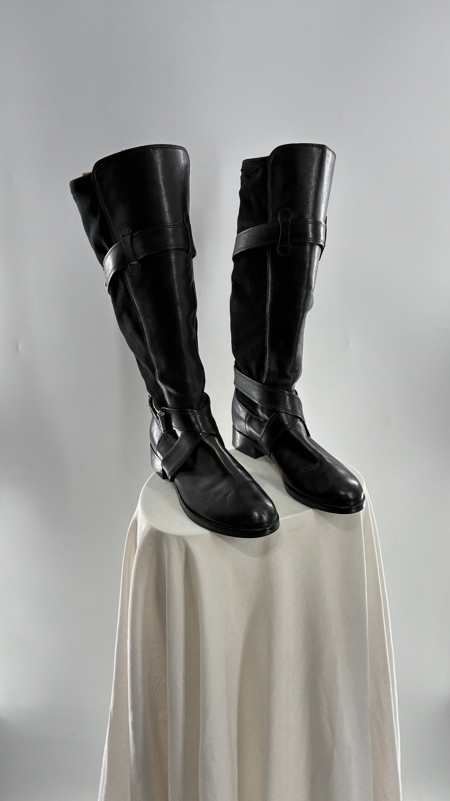 Vintage Cole Haan Black Leather Knee High Boots with Buckle Detailing (7.5)
