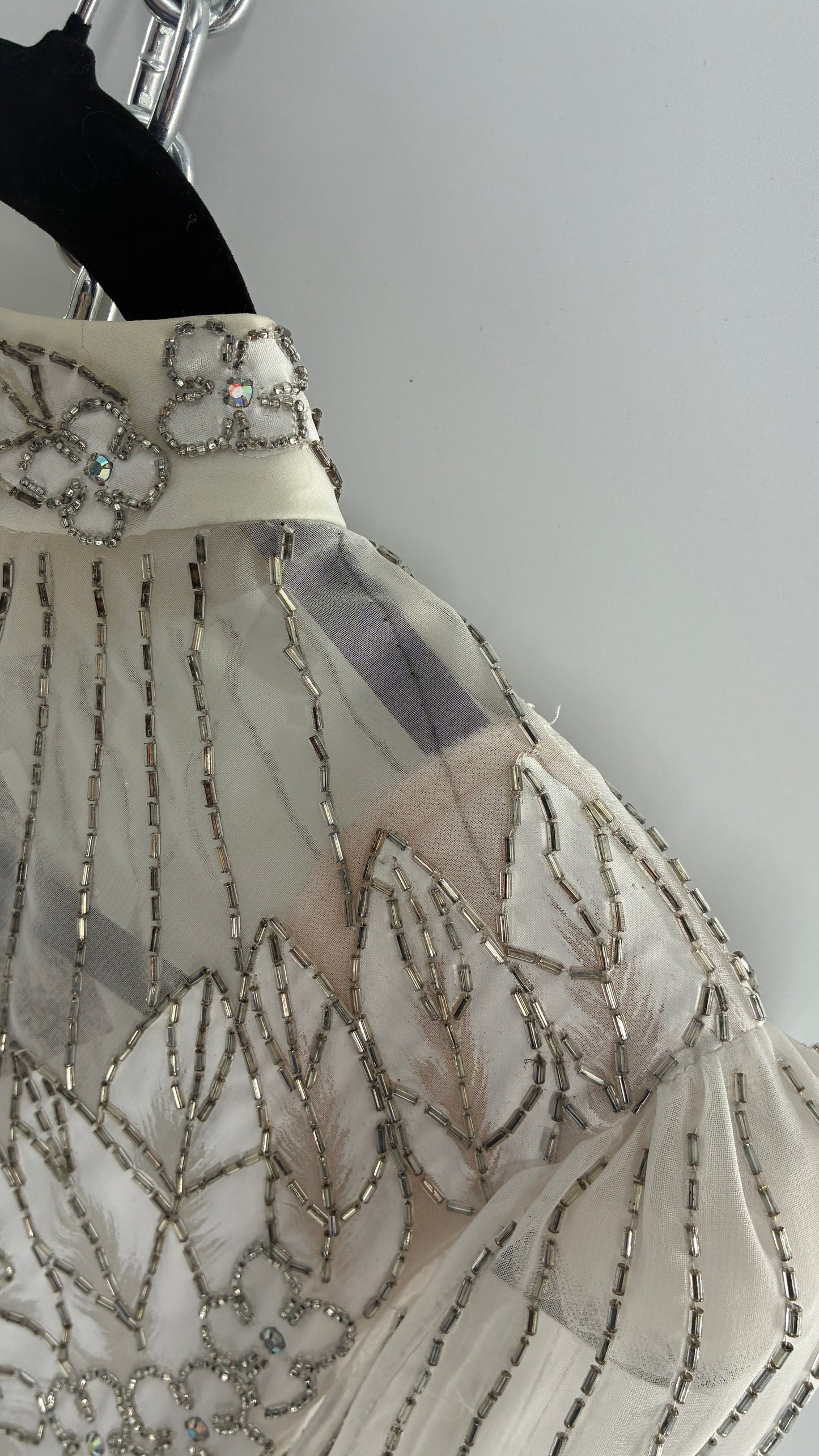 Vintage Sheer White Bridal Beaded Open Back Floral Blouse with High Neck (Medium)