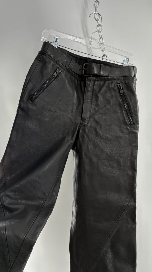 Vintage Black Italian Leather Motorcycyle Pants with Built In Belt and Zipper Detailing (XS)