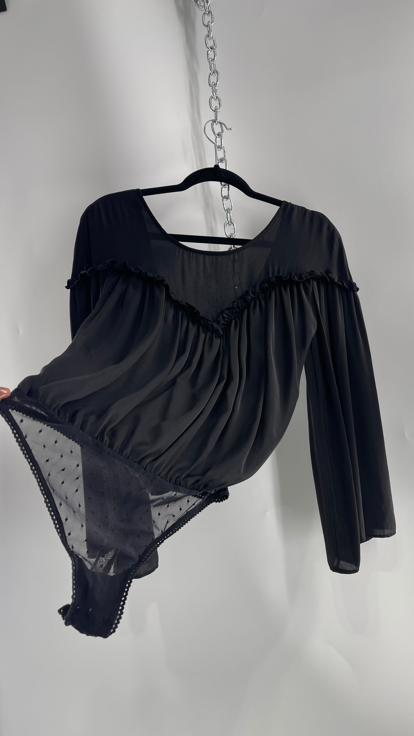 Free People Black Silky Ruffled Sweetheart Neckline Detail with Pleated Bodice and Open Back (XS)