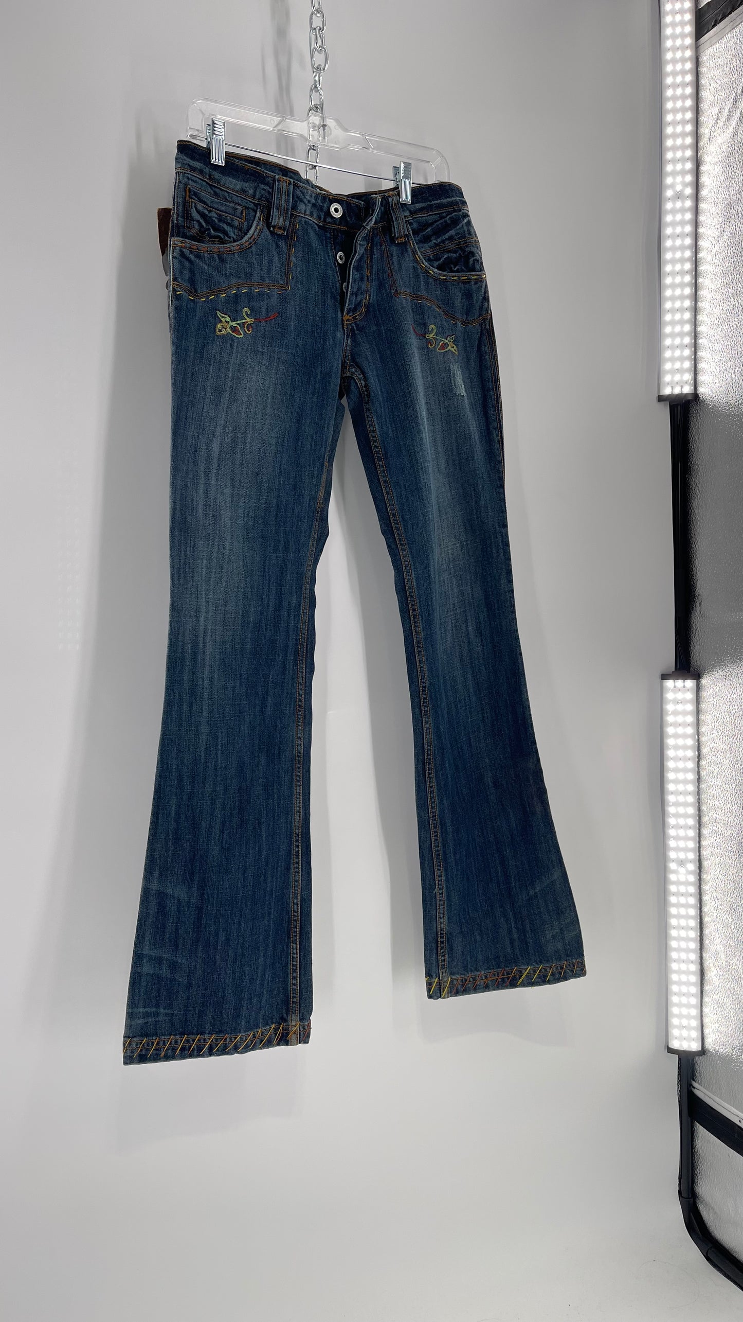 Vintage RARE Antik Denim Kick Flares with Embroidered Flower Design and Contrast Stitching (28)