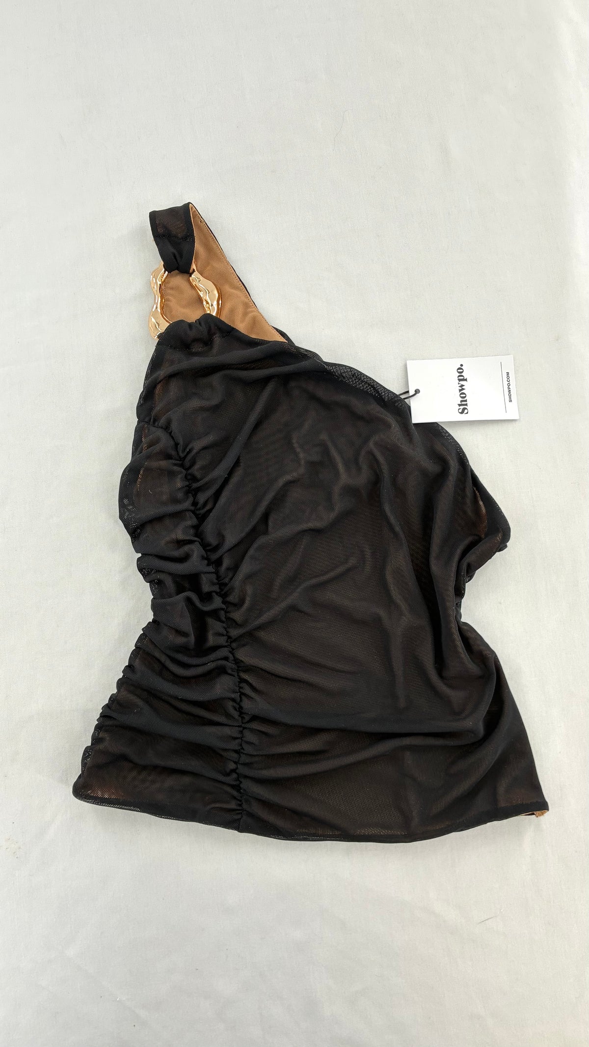 SHOWPO Ruched Nude Underlay Black Mesh One Shoulder Blouse with Tags (4)