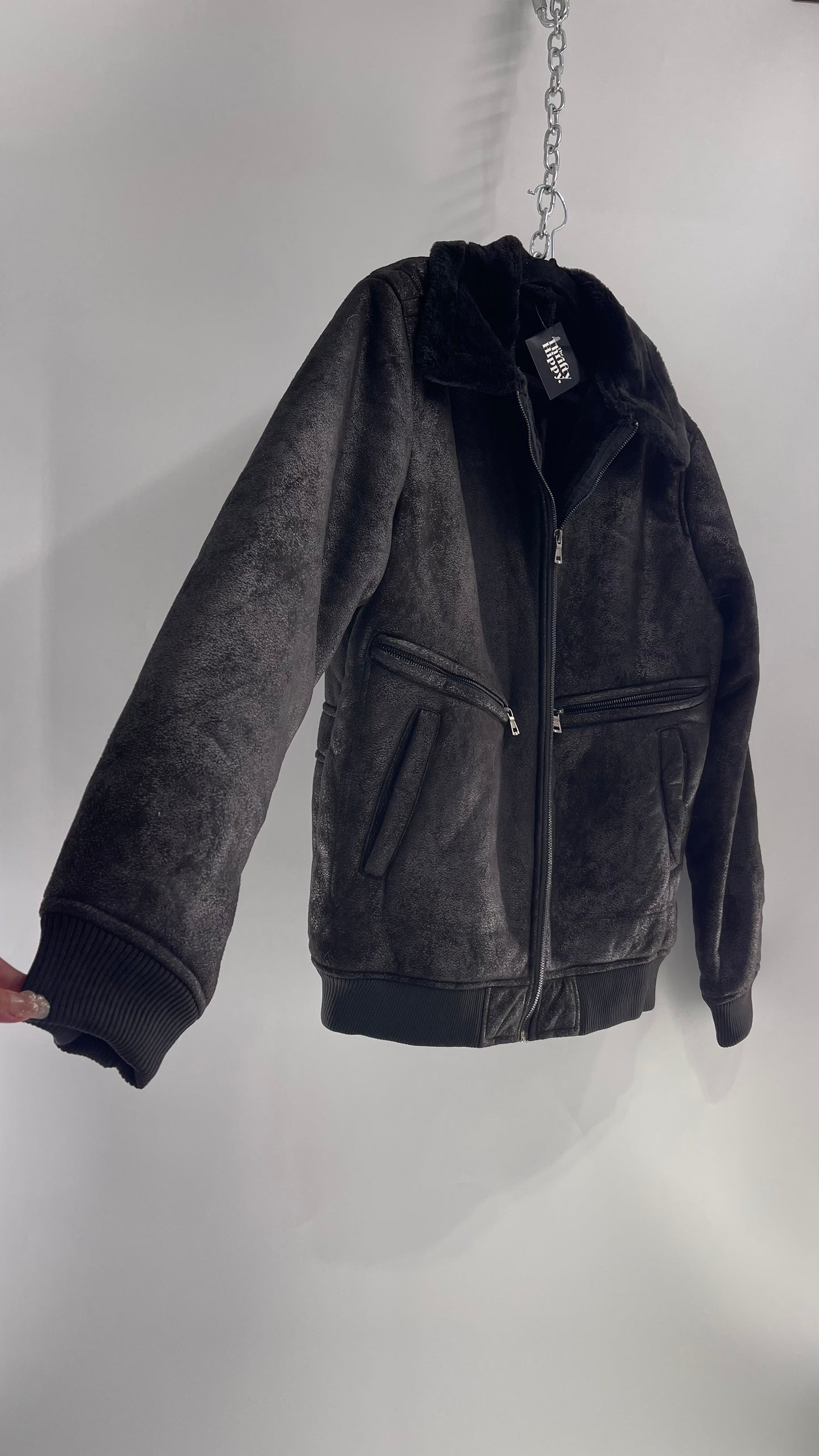 Black Faux Suede Bomber Jacket with Shearling Fur Lining (XL)