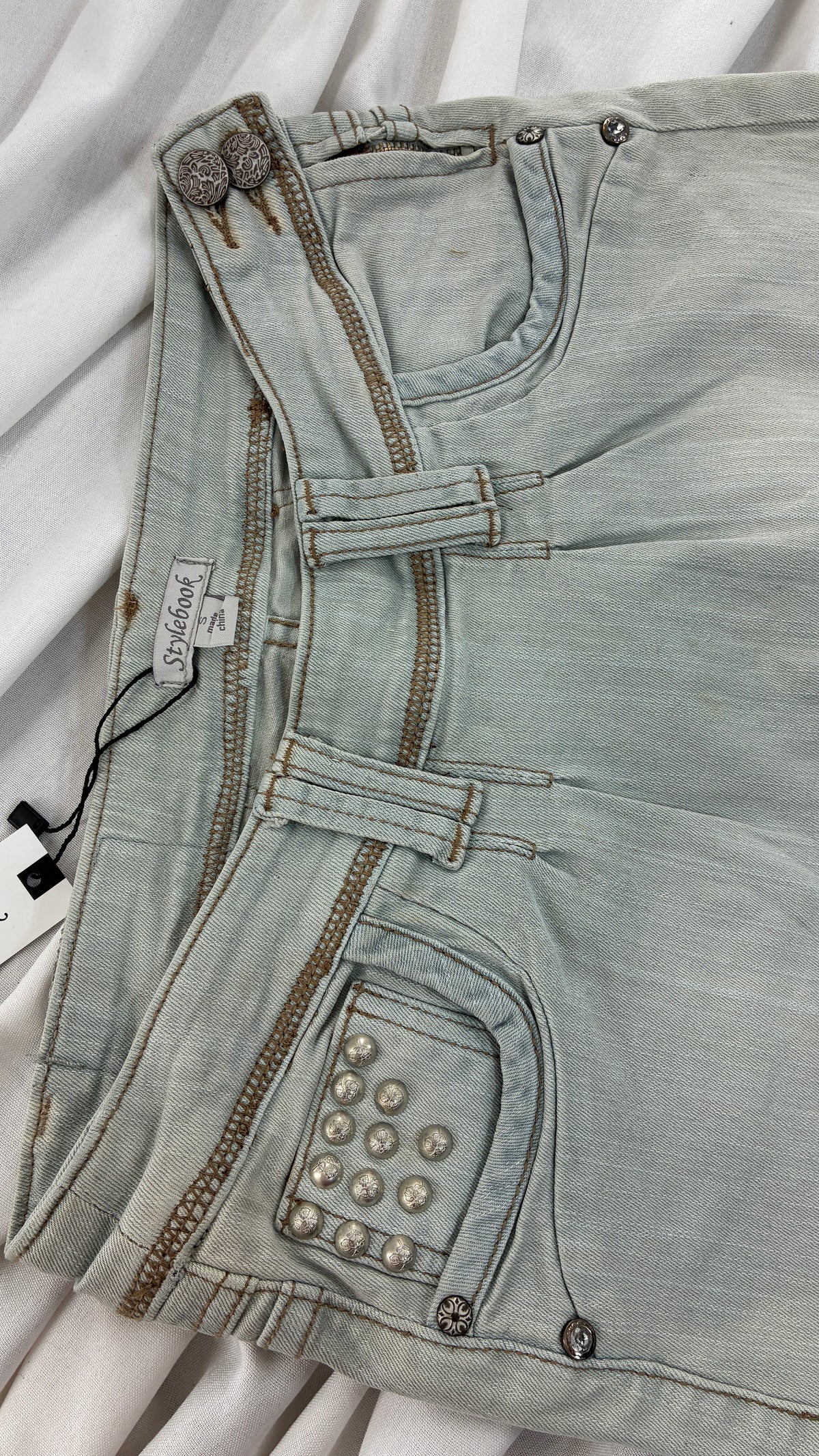 Deadstock Vintage Stylebook Light Denim Mini Skirt with Heavy Engraved Studs and Pleated Details (Small)