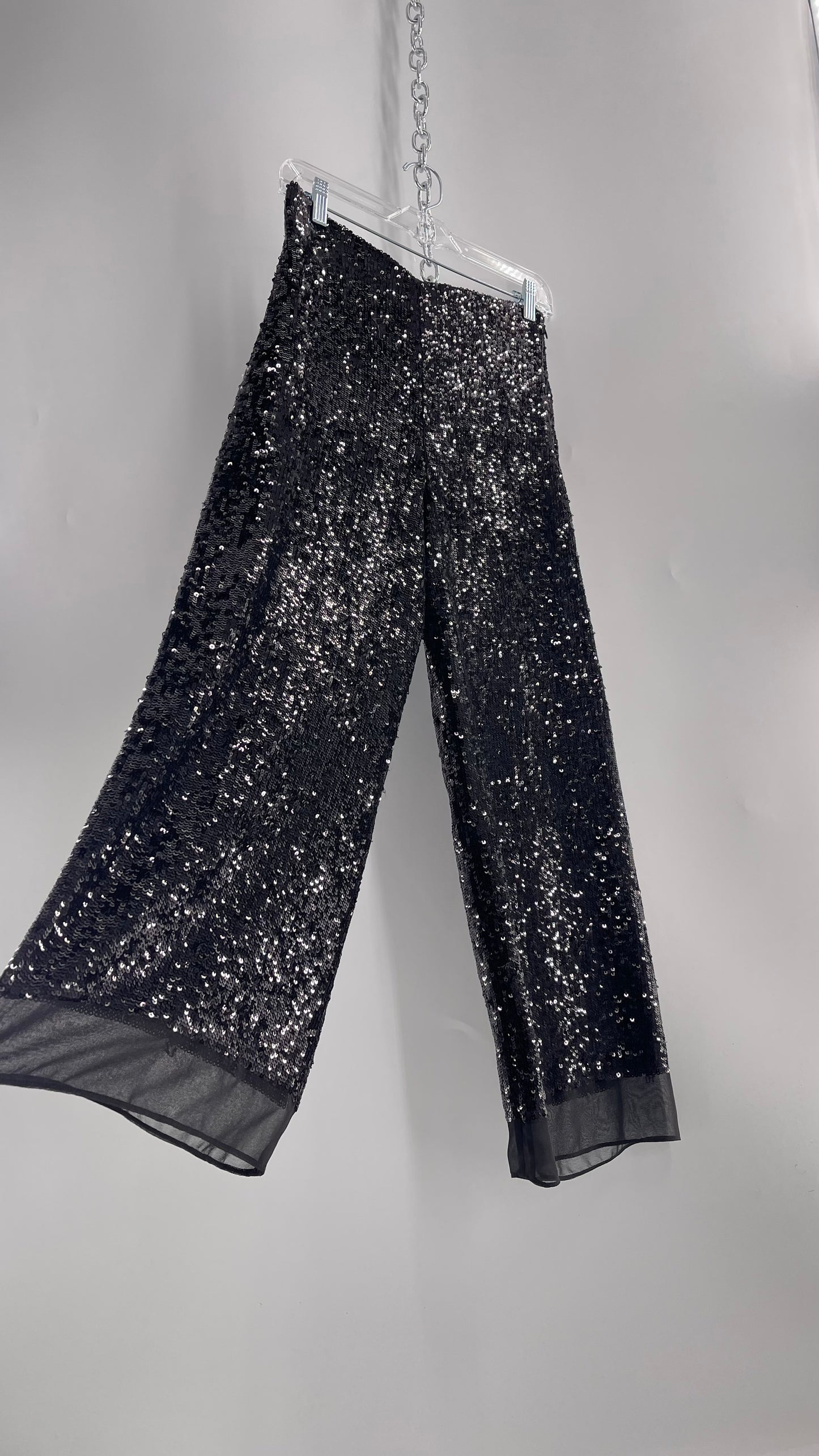 ZARA STUDIO Black Sequin Pijama Trouser with Chiffon Hem and Ribbon Lined Waist (Medium)