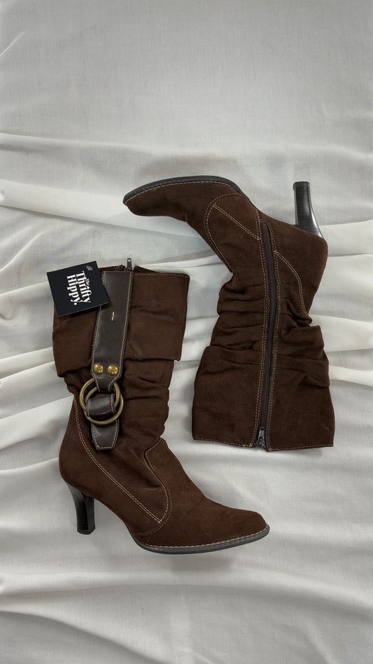 Vintage PREDICTIONS Vegan Suede Brown Stacked Boots with Buckle Detail (6.5)