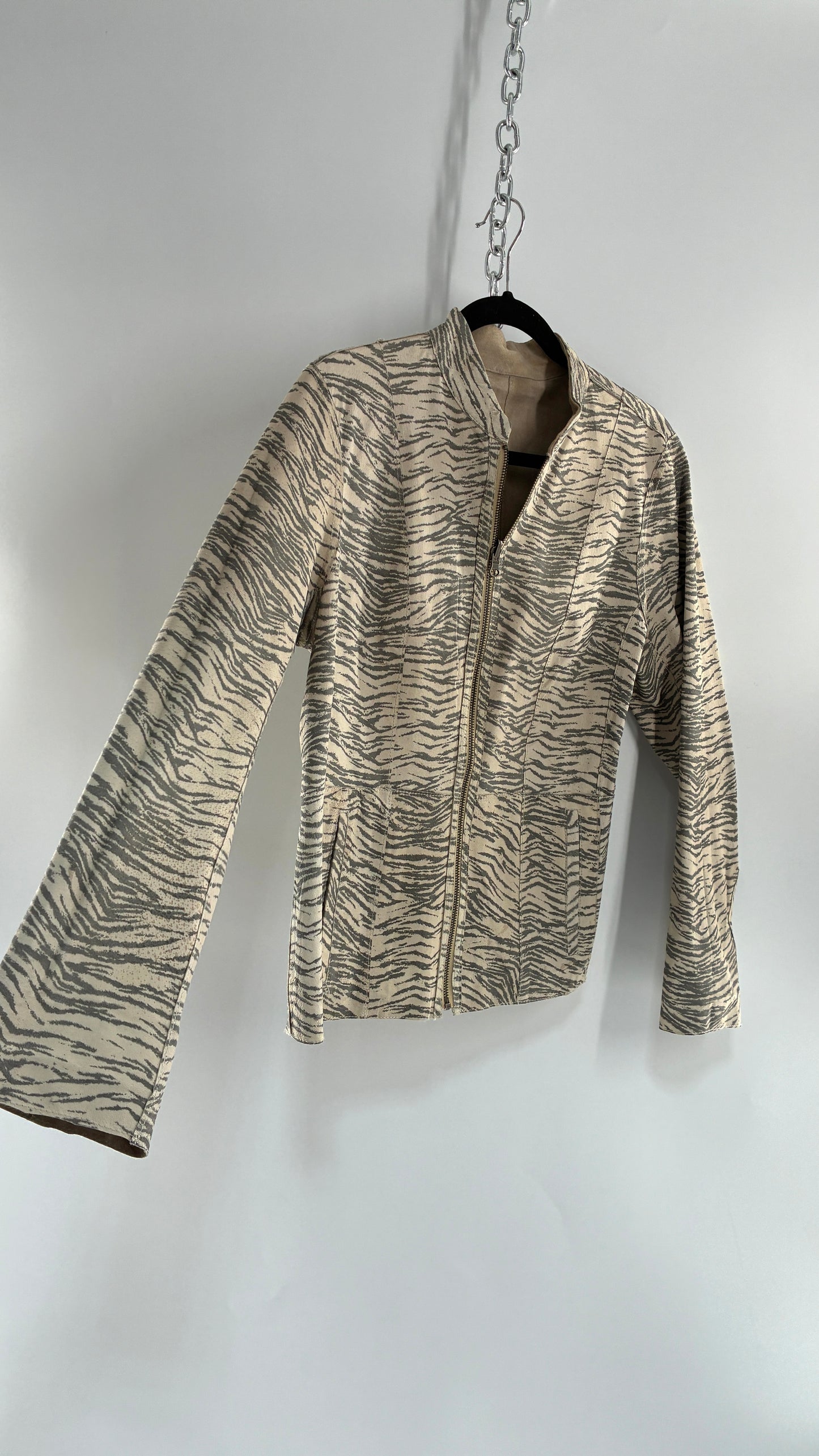 Vintage Reversible Thin Genuine Suede Leather Zip Up Jacket Beige/Zebra (Medium)
