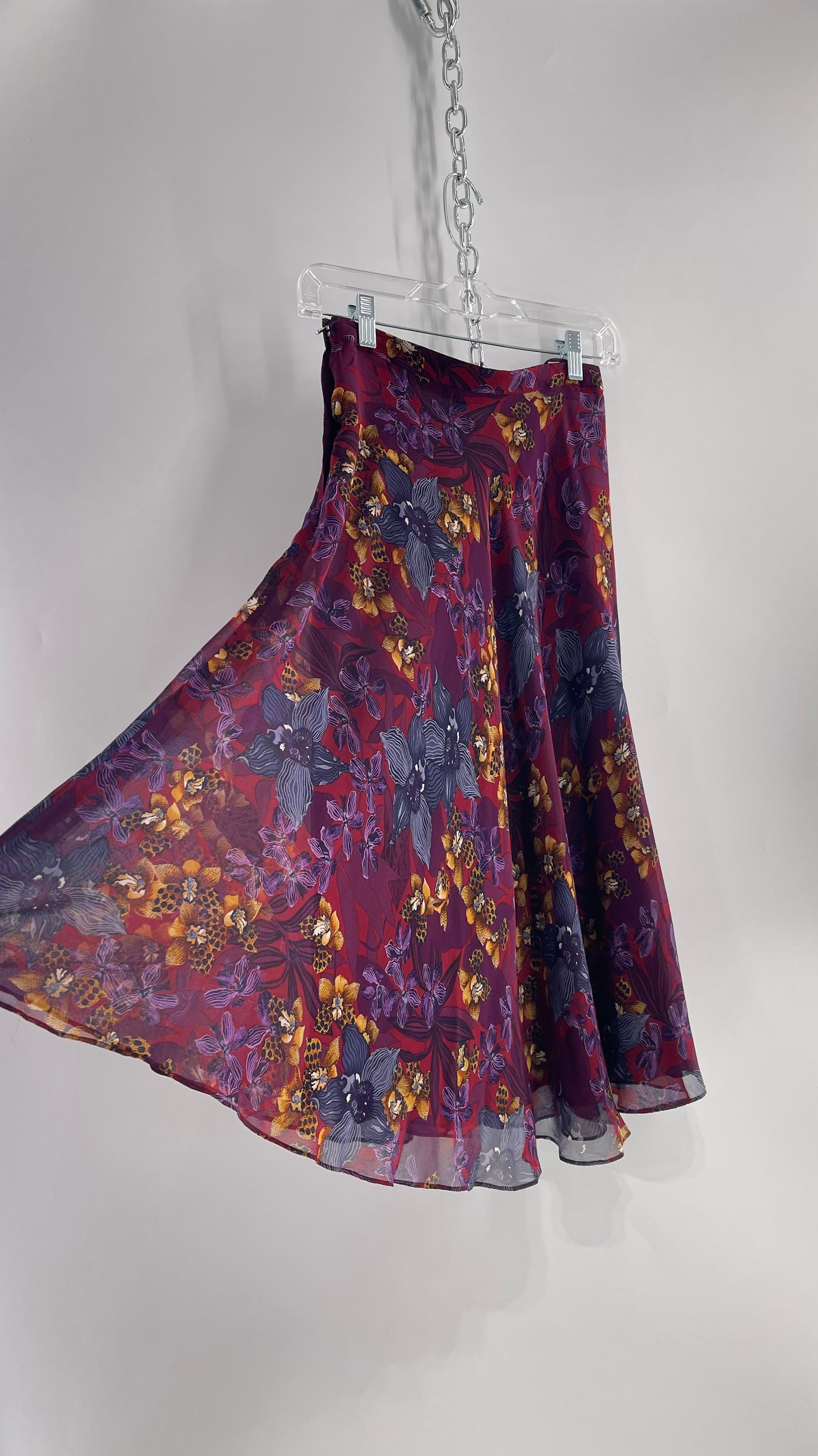 Vintage 100% Silk Burgundy Tropical Skirt with Leopard Florals (4)