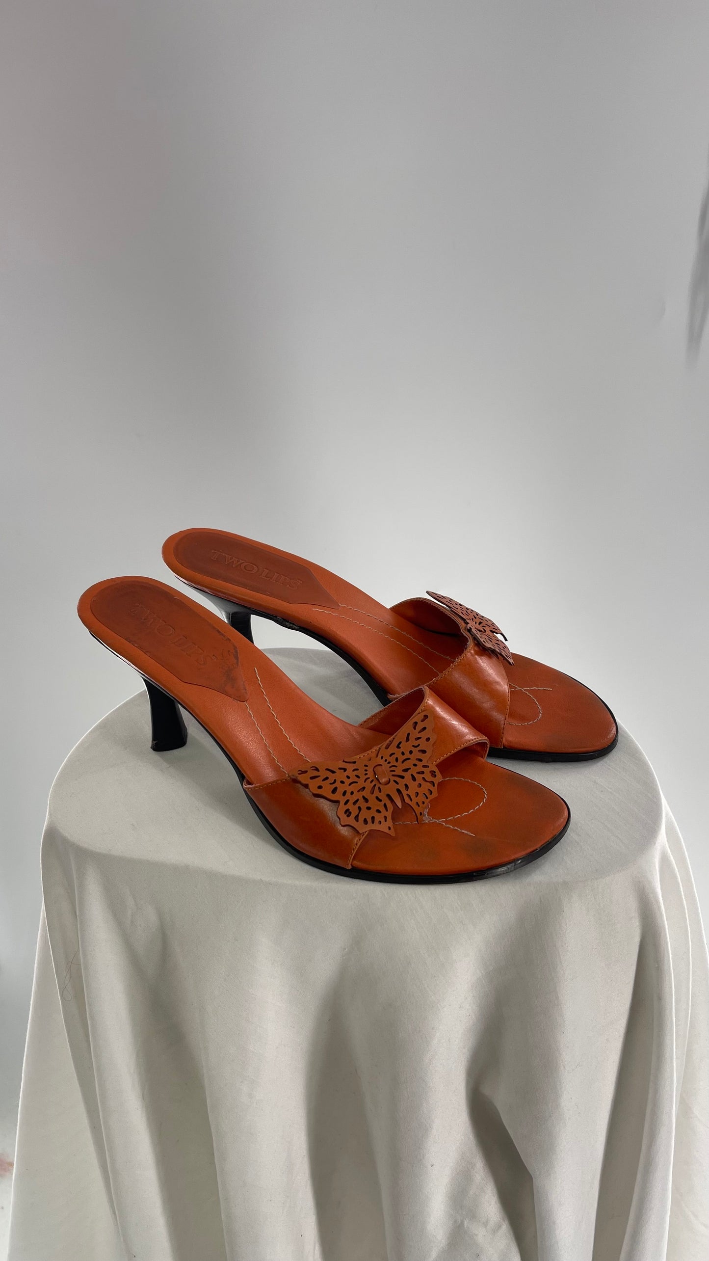 Vintage Two Lips Orange Leather Heels with Butterfly Appliqué (9.5)