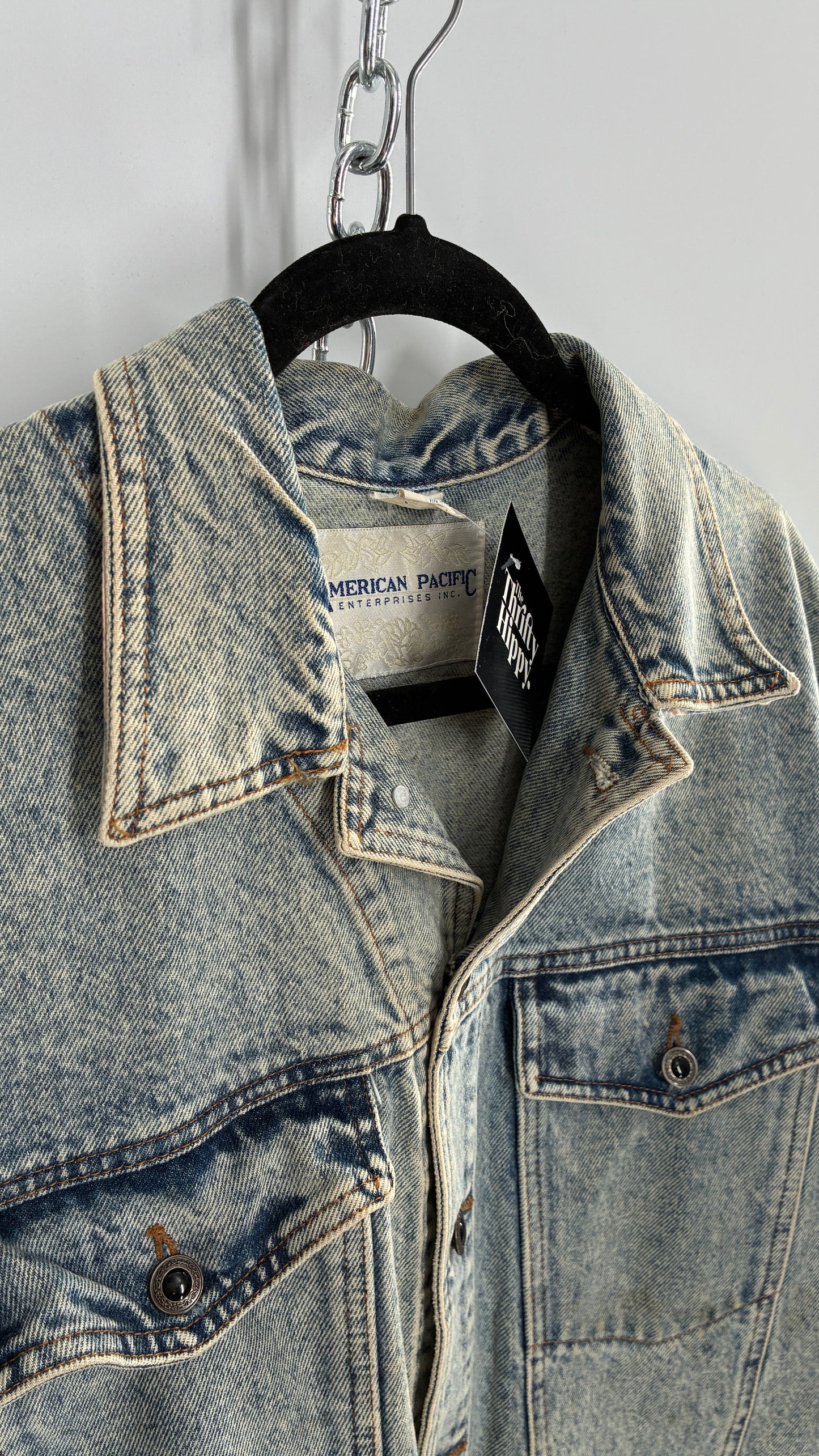 Vintage American Pacific Acid Wash Denim Jacket with Floral Patterned Cuffs (Large)