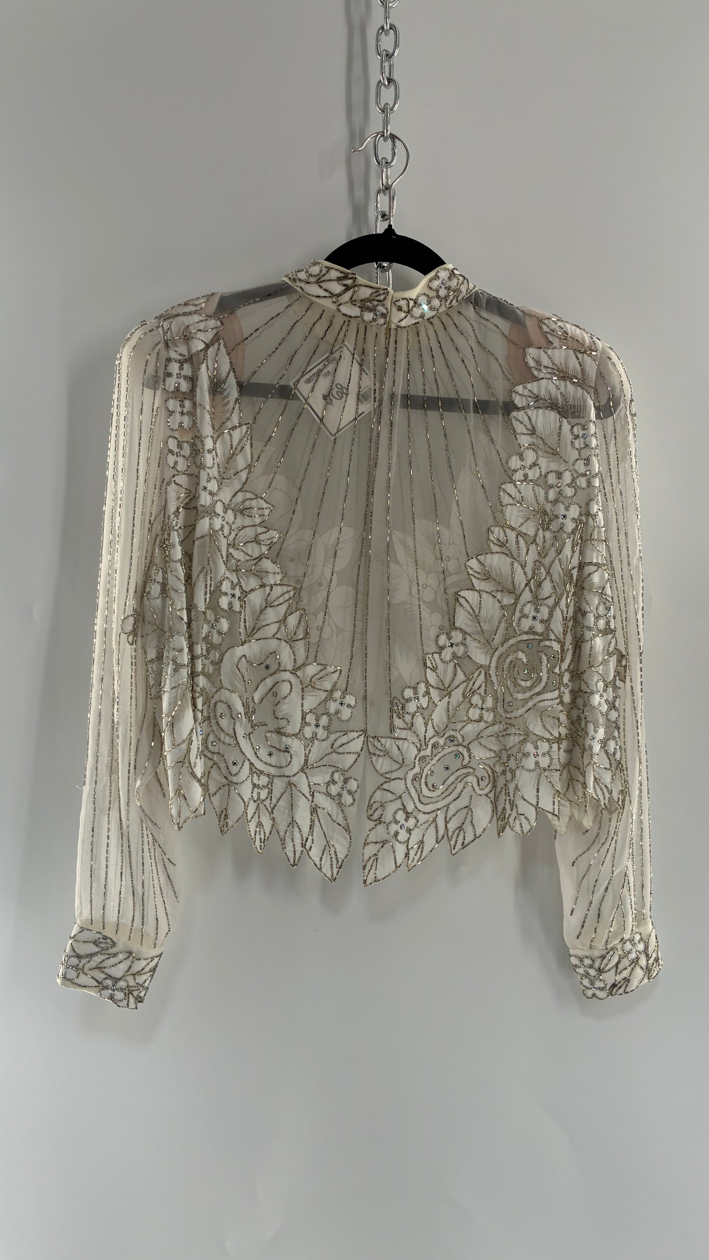 Vintage Sheer White Bridal Beaded Open Back Floral Blouse with High Neck (Medium)