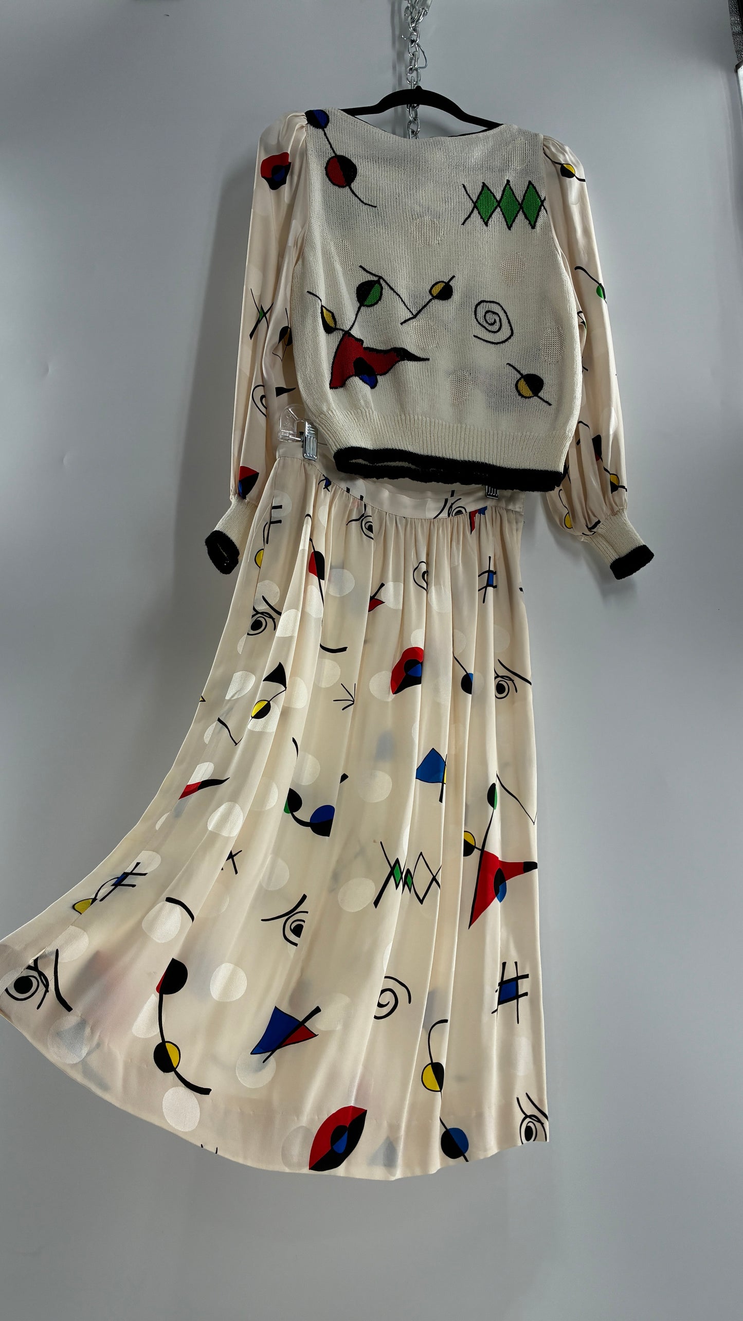 Vintage 1980s UMI collections by Anne Crimmins Off White 2 Piece Set with Abstract Embroidered Designs and 100% Silk Polka Dot Print Skirt (Medium Sweater, 8 Skirt)