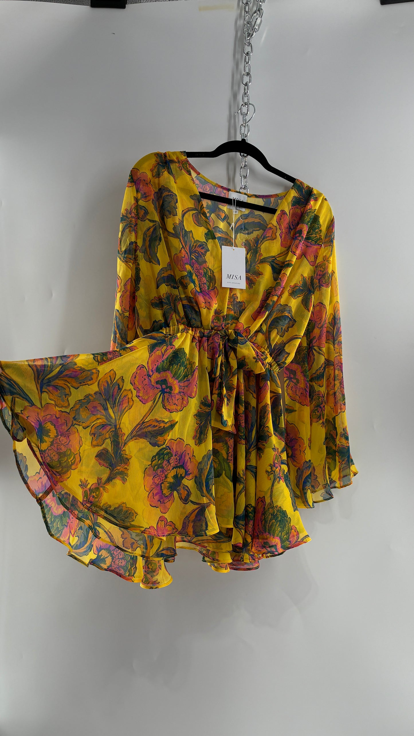 MISA Los Angeles KAIA Yellow Floral Bell Sleeve Long Sleeve Top/Micro Mini Dress with Tags (Small)