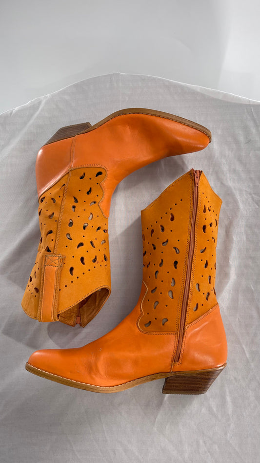 Vintage Santa Barbara Orange Leather Made in Spain Pointed Toe Cowboy Boots (8)