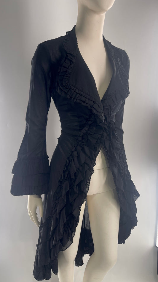 Vintage Cordelia Cotton Black Ruffled Duster Coat with Ruffled Lapel and Cuffs (XS)