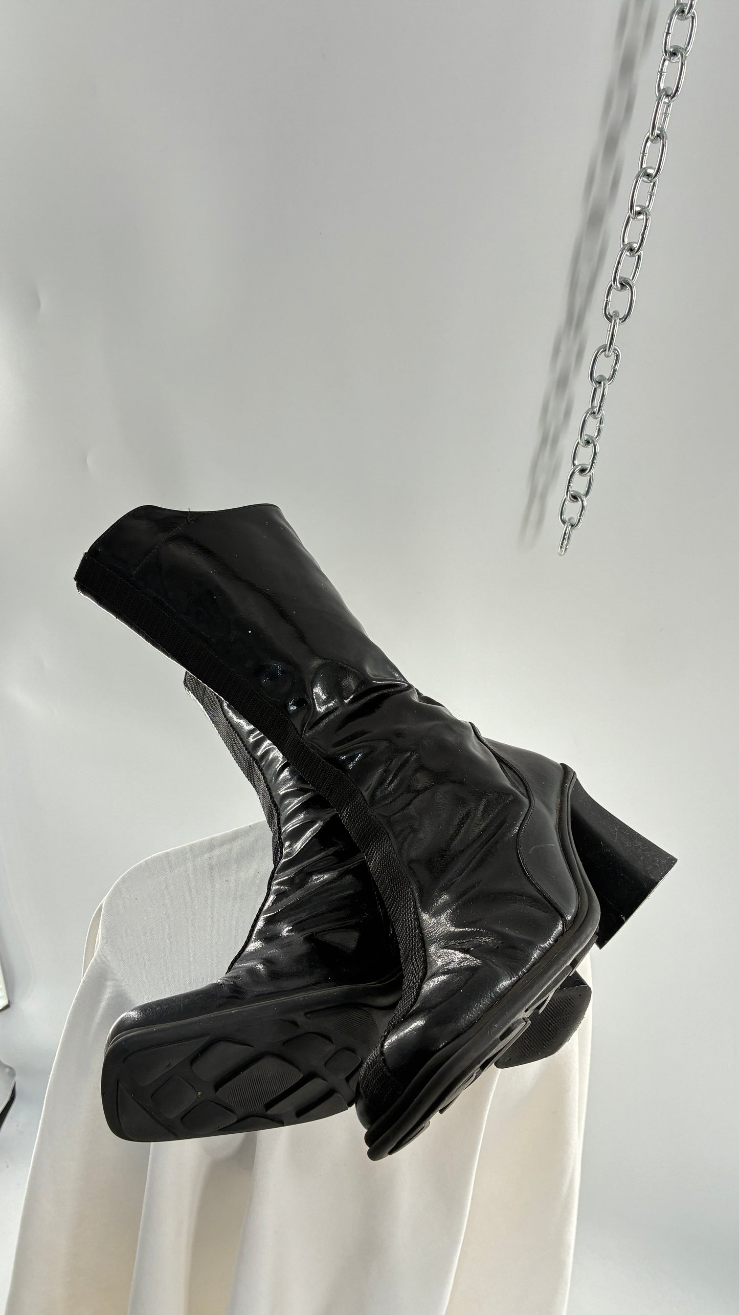Vintage Black Patent Vinyl Boots with Square Toe and Block Heel with High, Low Calf (40)