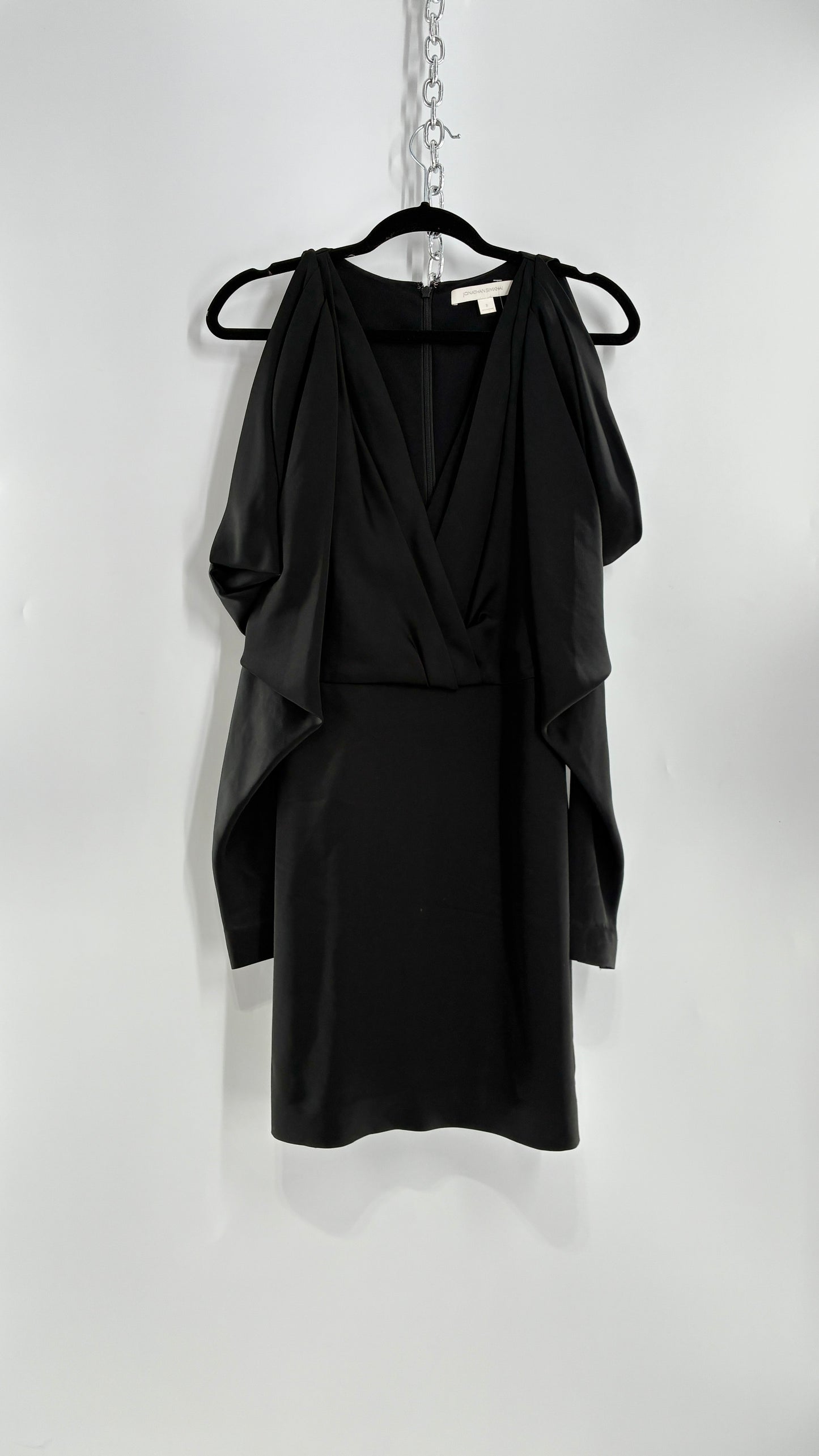 JONATHAN SIMKHAI Black Silky Mini Dress with Exaggerated, Draped Cold Shoulders (8)