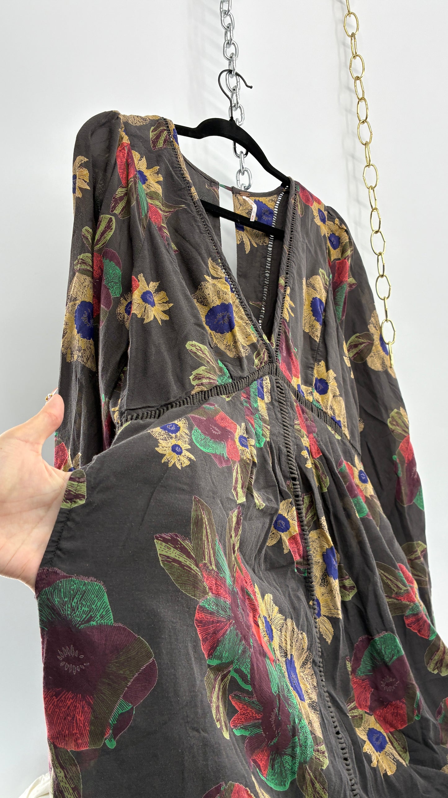 Vintage Free People Slate Grey Dress with Primary Florals (Medium)