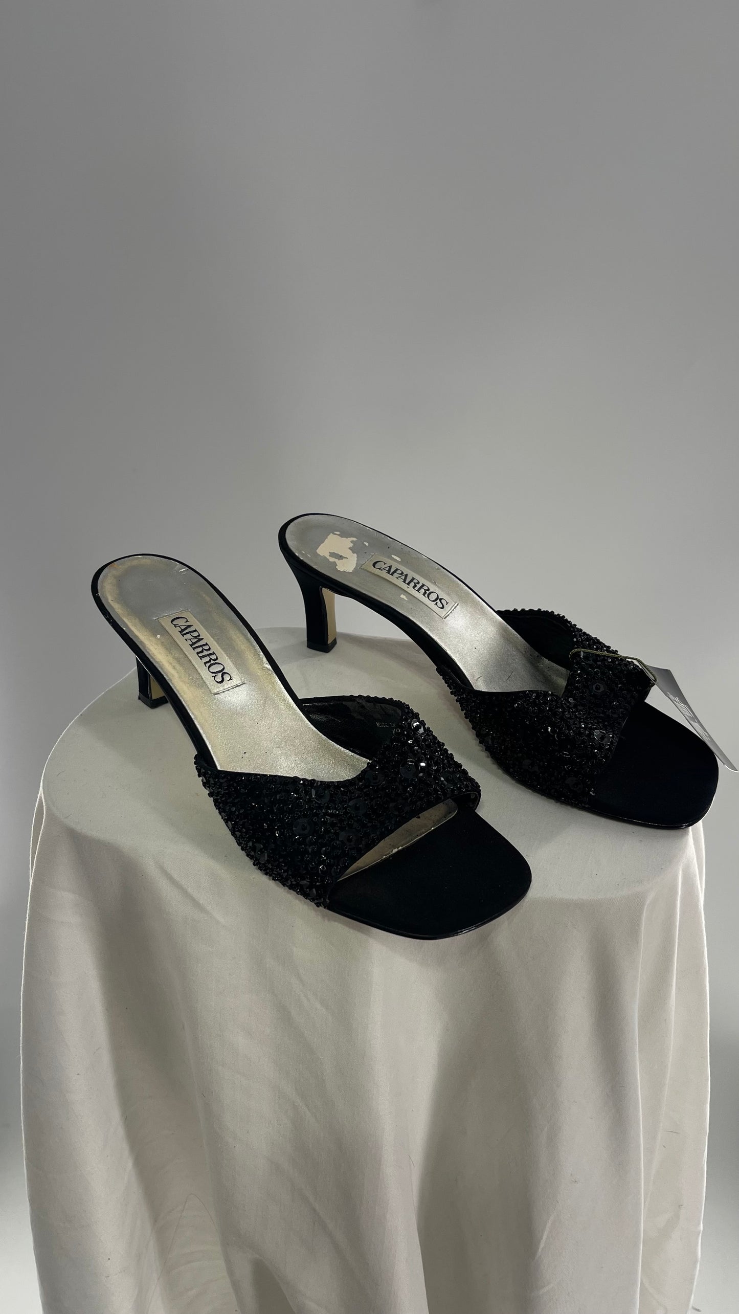 Vintage Caparros Black Square Toe Kitten Heel with Sequin Embellishments  (9)