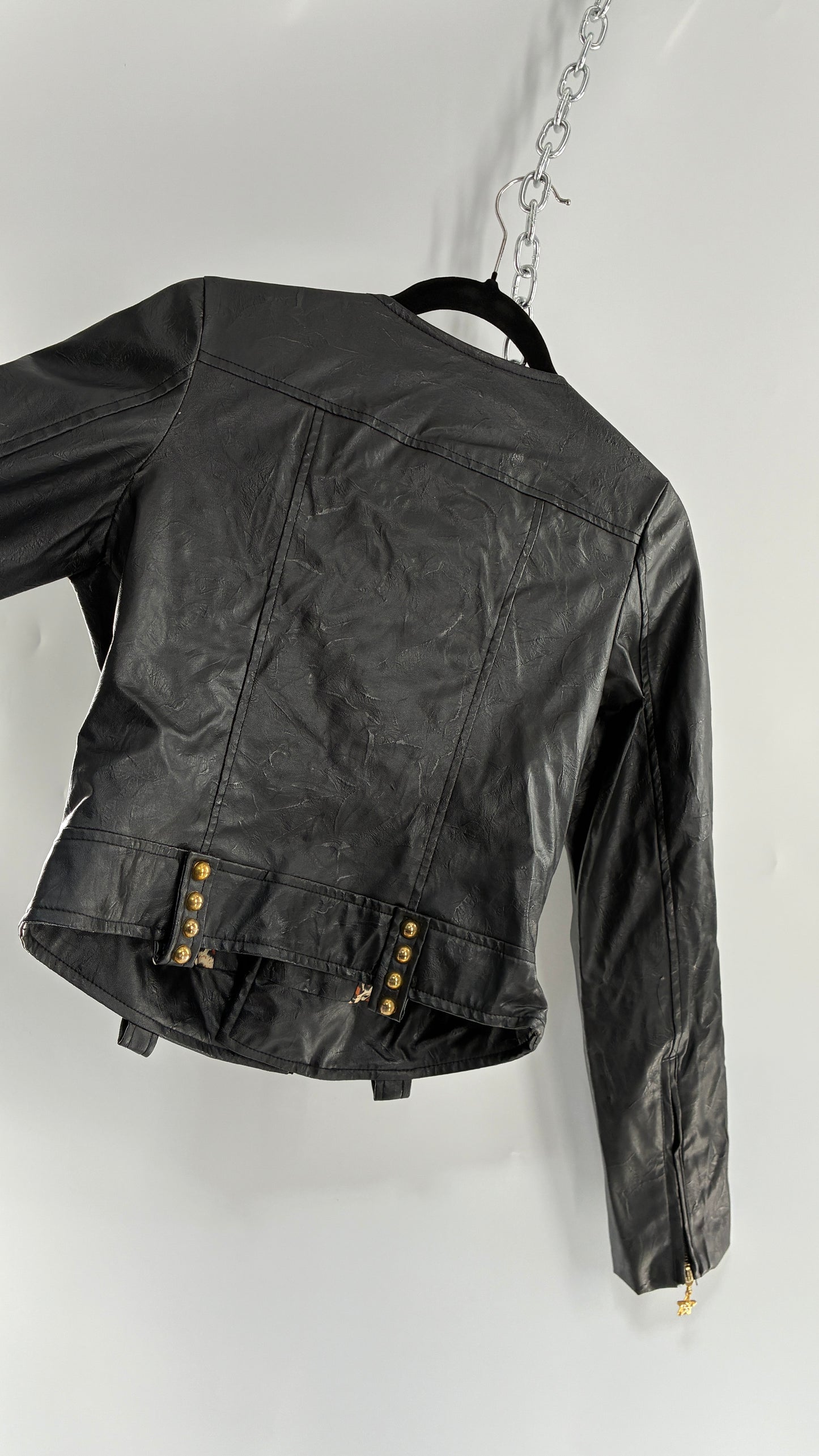 Vintage Black Vegan Leather Jacket with Oversized Lapel, Belt Loops and Pockets Covered in Heavy Duty Gold Studs (Small)