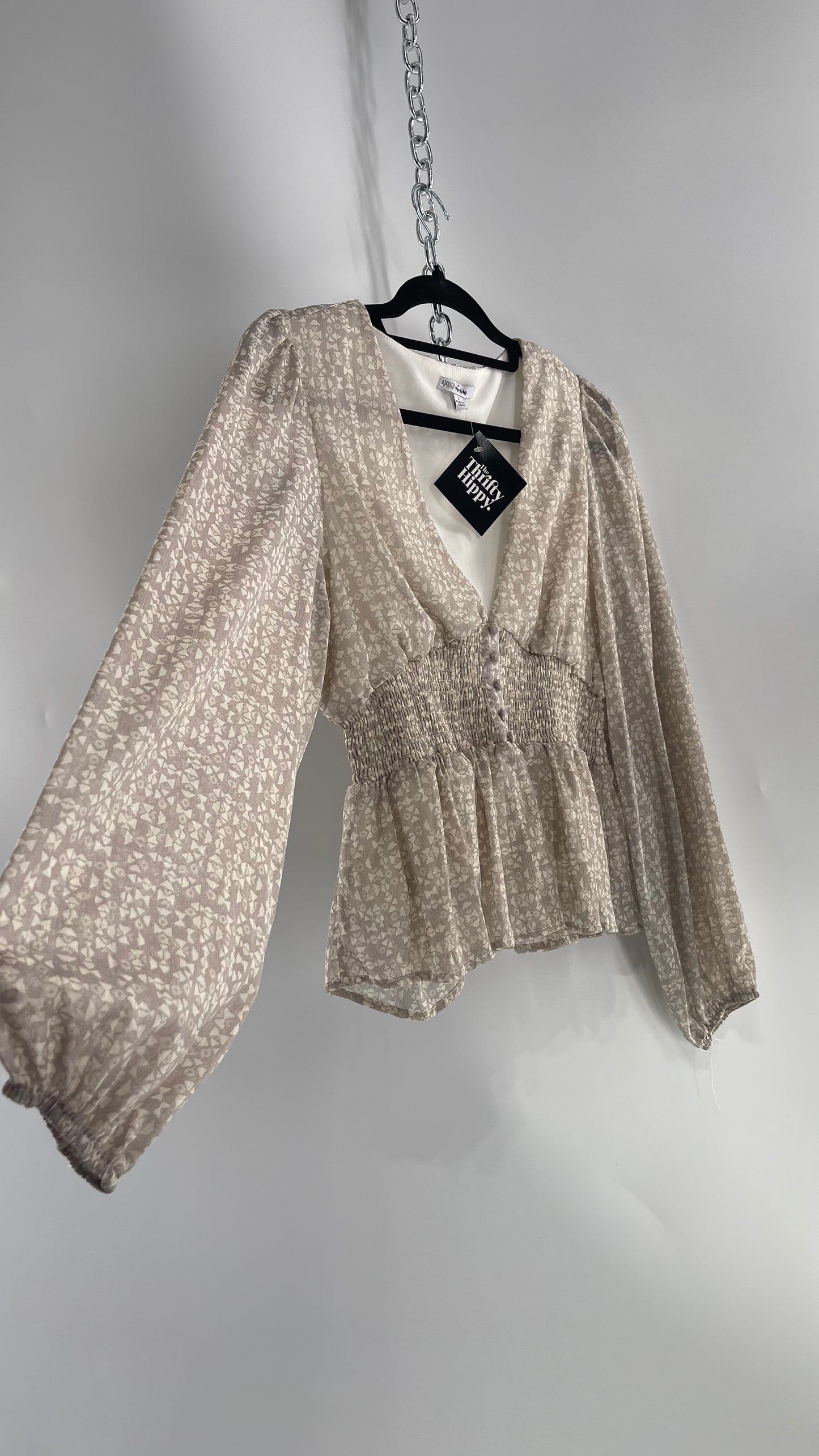 Anthropologie Light Gray Glitter/Shimmer Balloon Sleeve, Smocked Waist, Button Front Blouse (Large)