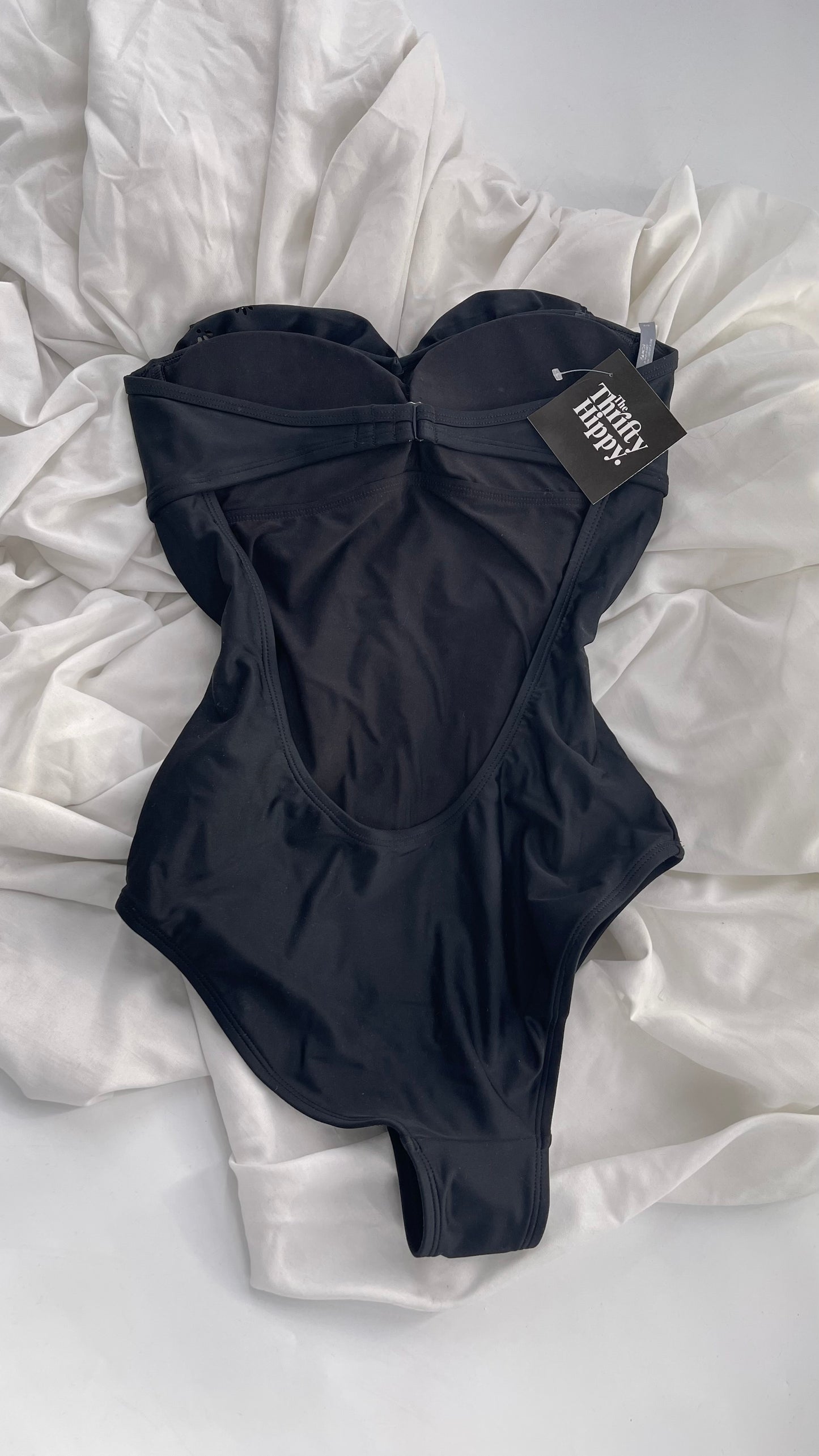 AERIE Black Swimsuit with Ruffled Sweetheart Neckline and Open Back (Small)
