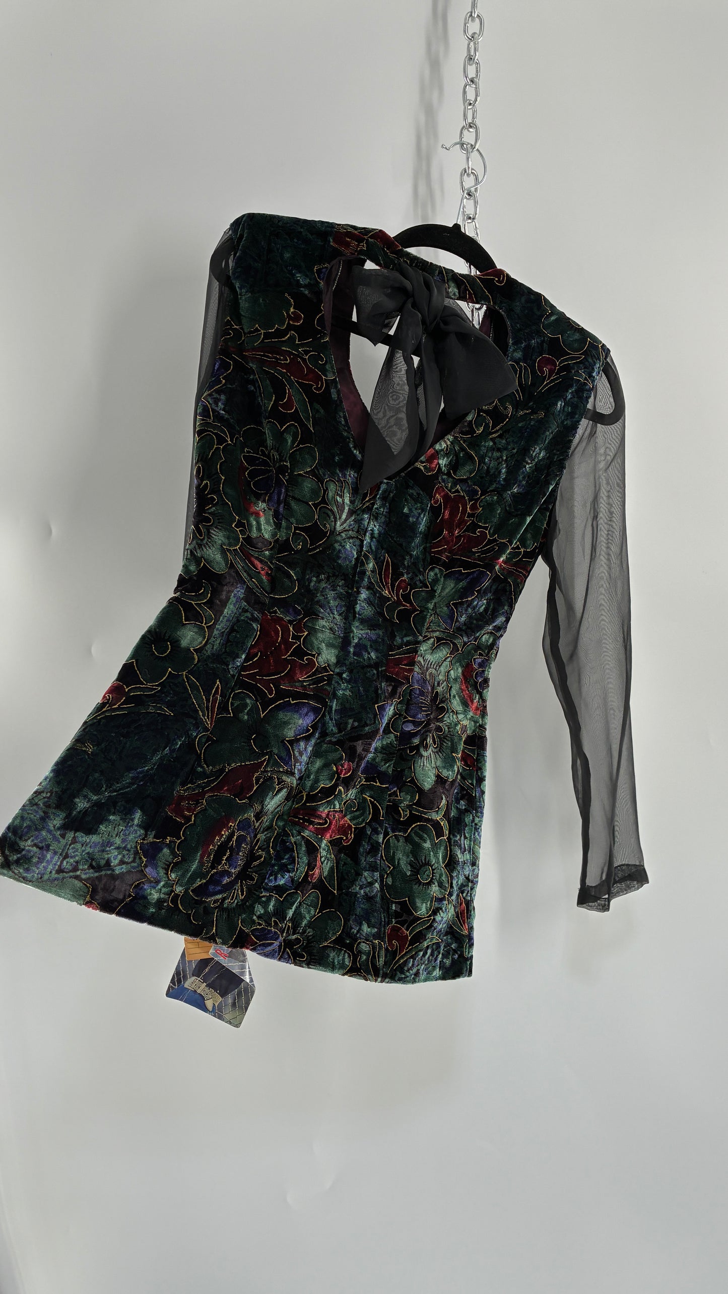 Deadstock Vintage RAMPAGE 1980s Micro Mini Dress Velour with Sheer Bubble Sleeves, Open Back, Elaborate Crystal Buttons and Bow Back Detail (Small)