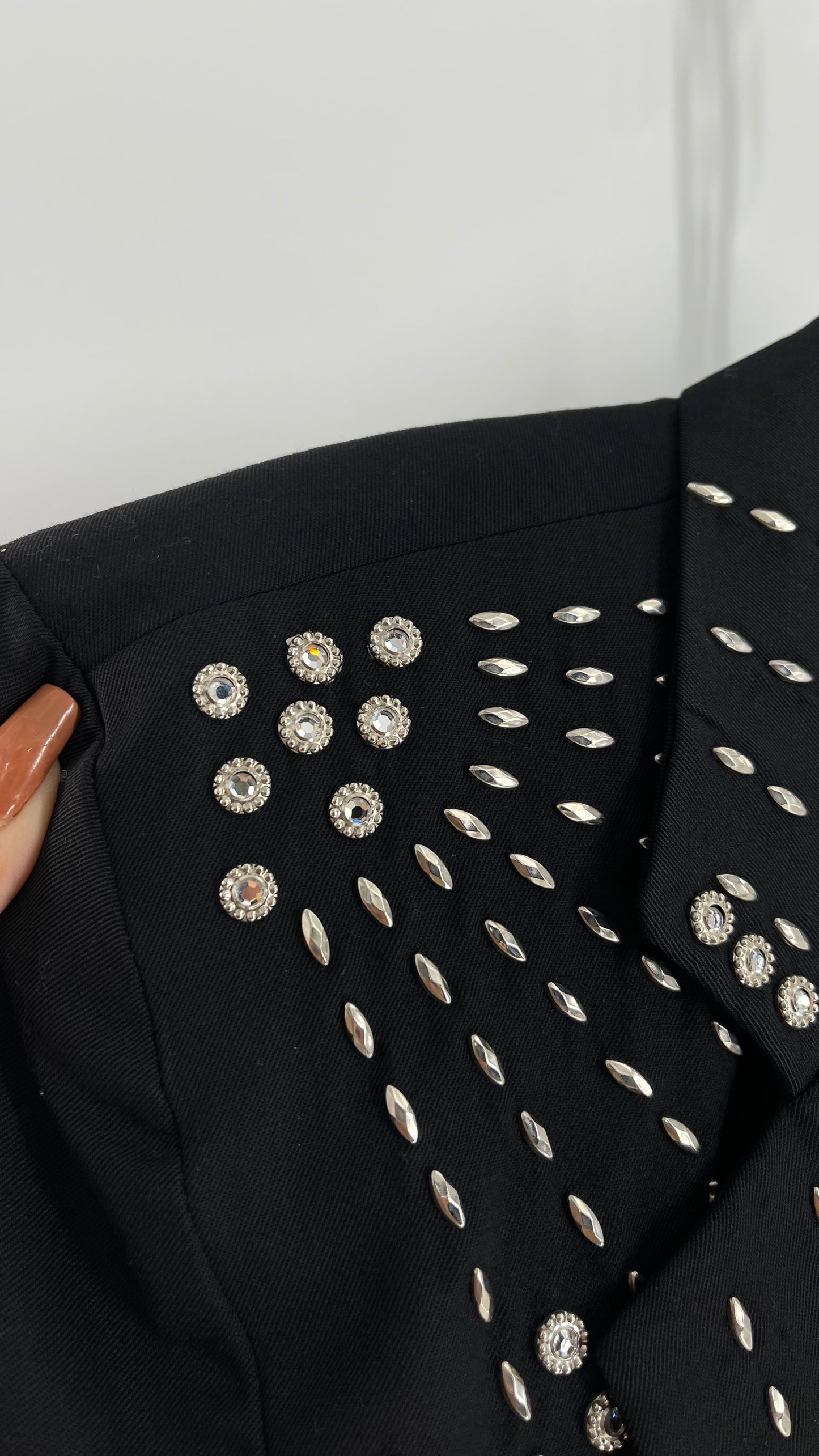 Vintage Black Blazer with Silver Metal Studs and Rhinestone Embellishments   (C)(Medium)