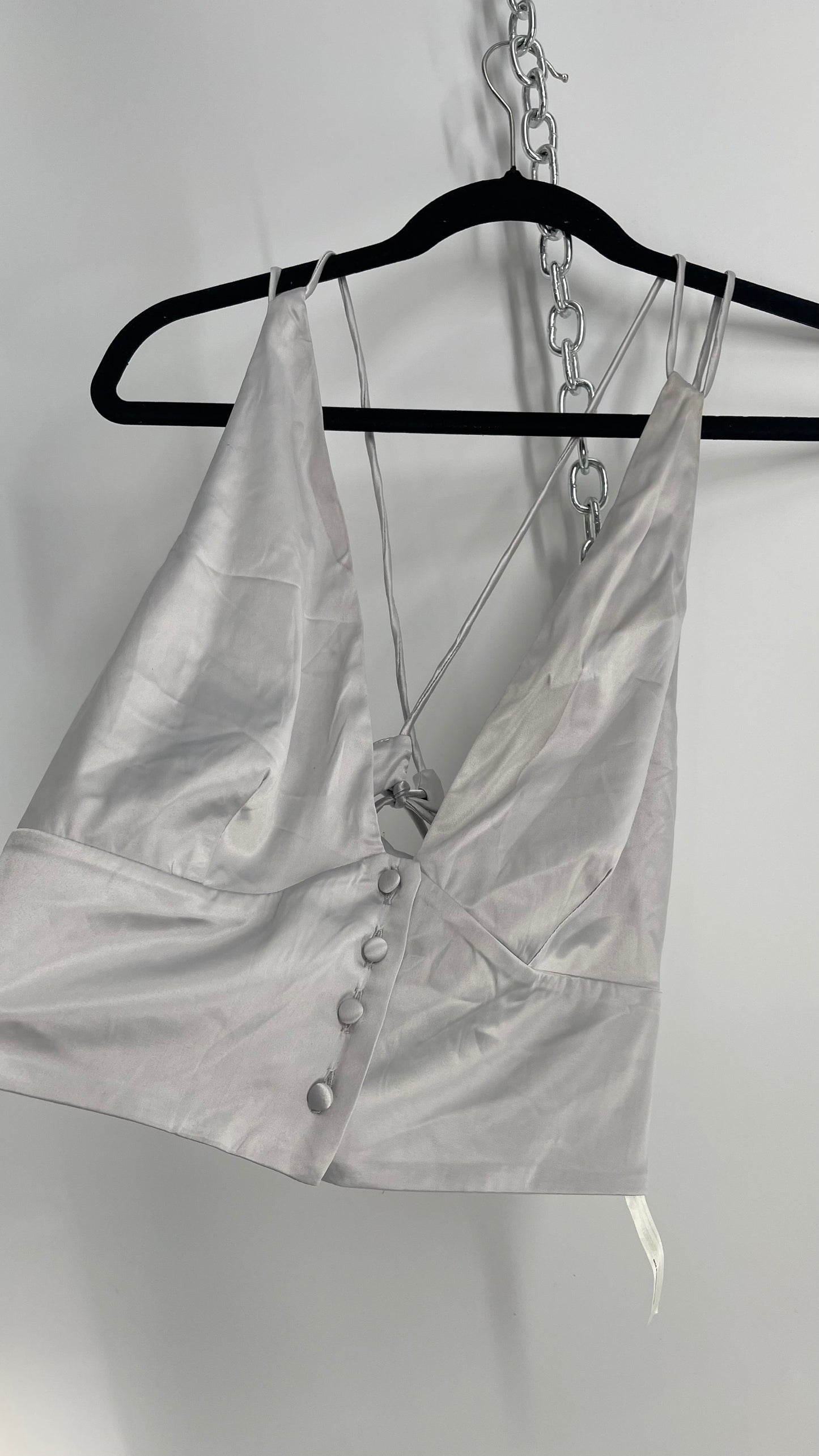 Free People Silver Satin Button Front Halter (XL)
