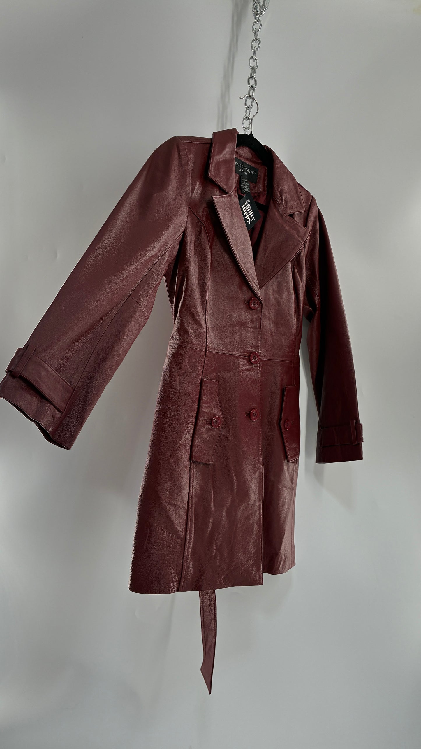 Vintage 1990s CENTIGRADE Red Crimson Genuine Leather Trench Coat (Small)