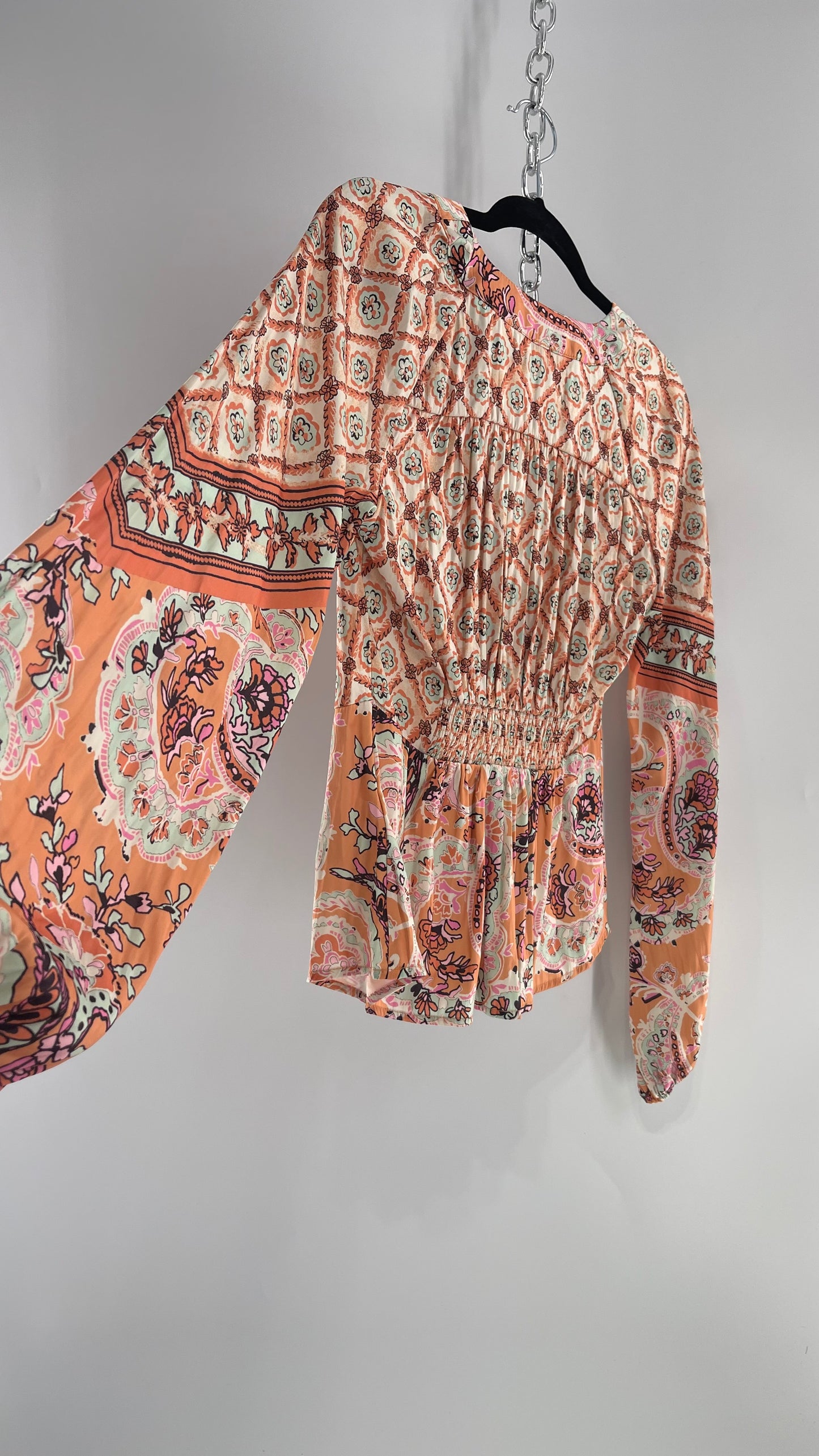 Free People Orange Pastels Paisley Blouse with Bust Tie and Balloon Sleeves (XS)