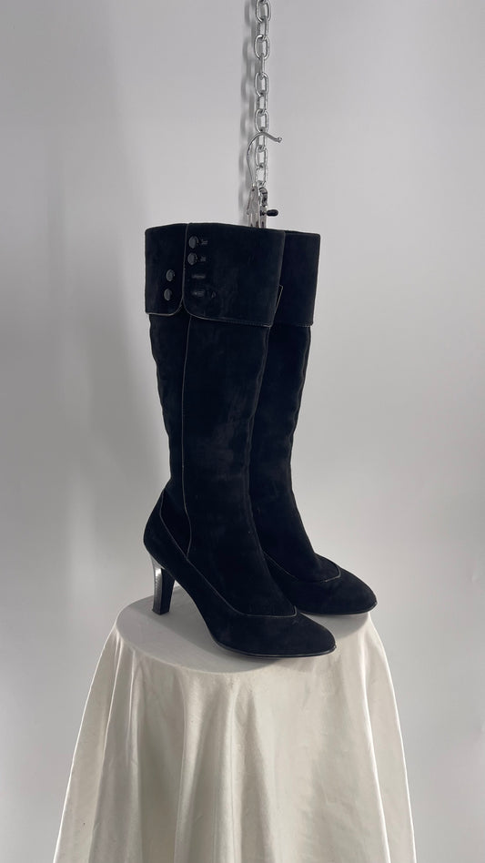 Vintage Soft Black Suede Leather Boots with Piping and Button Details (6)